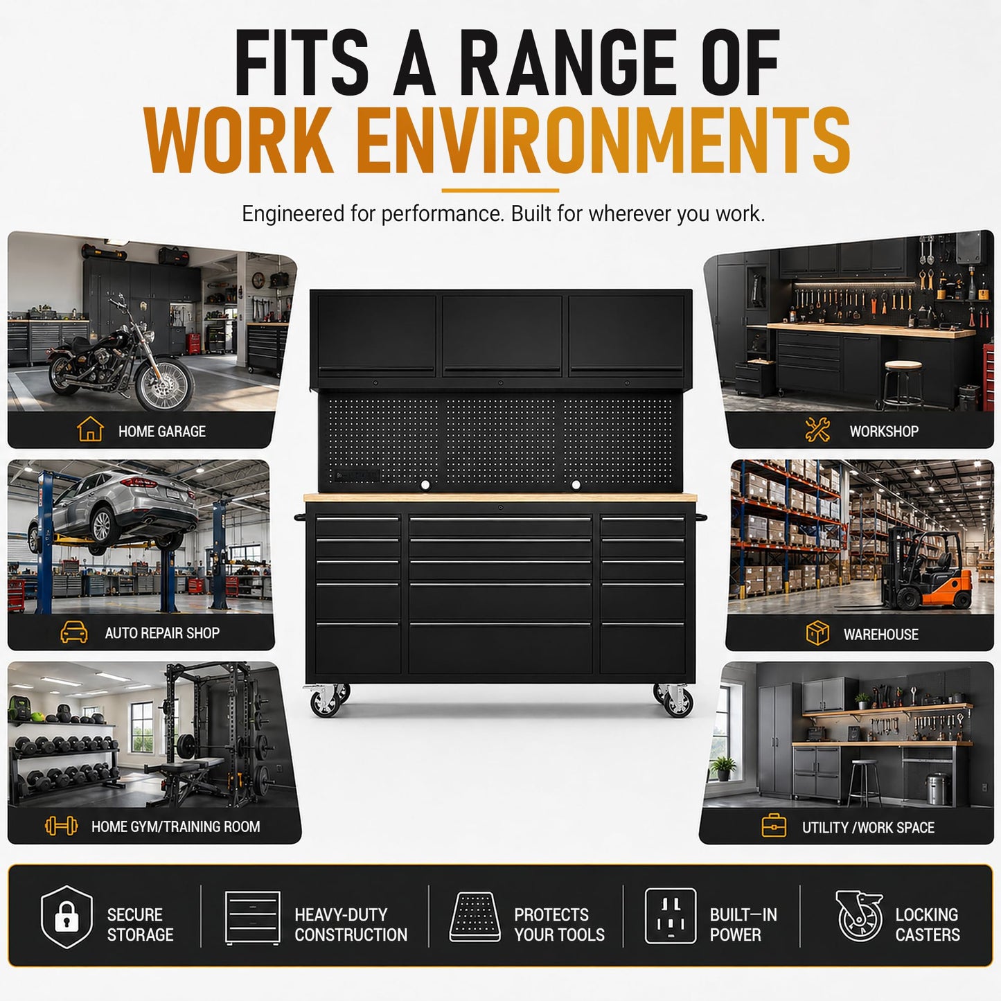 CHETTO C 72-inch Rolling Tool Chest Cabinet Mobile Workbench with 15 Storage Drawers and Wheels 3 Uper Cabinet Outlet SS Pegboard Black Tool Box for Garage