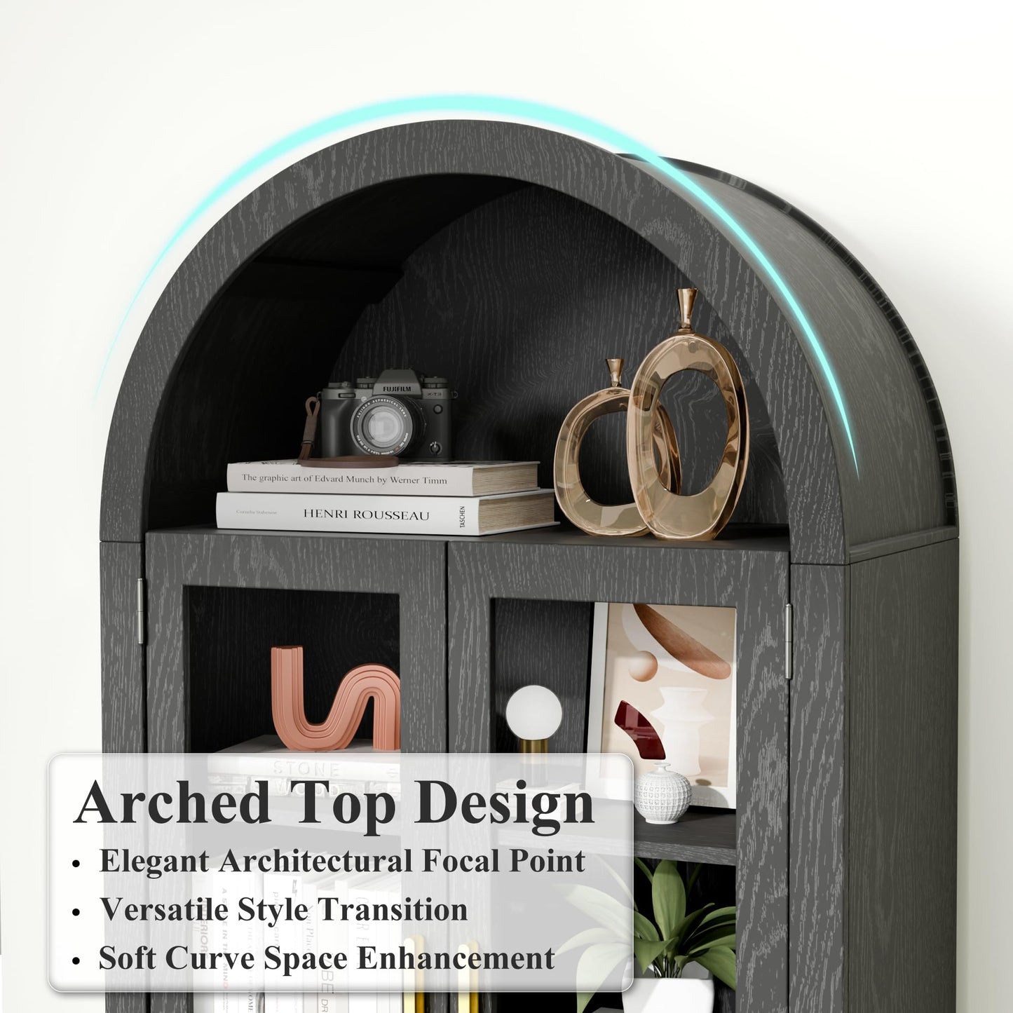 Trygoal 63" Arched Display Cabinet with Glass Doors, 5-Tier Curio Cabinet for Living Room, Arched Storage Cabinet with Adjustable Shelves for Dining Room & Home Office, Black
