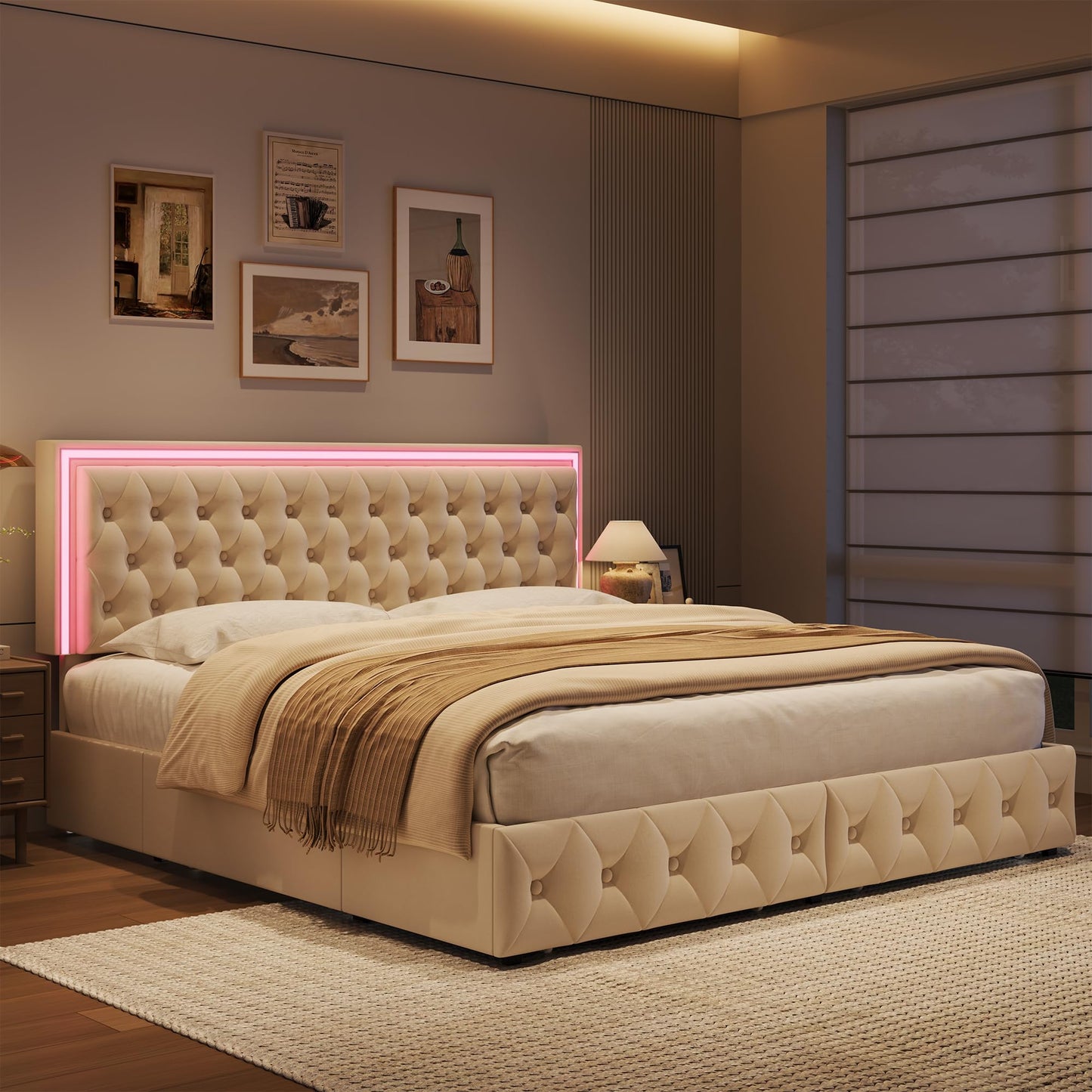 Keyluv King Size LED Bed Frame with 4 Storage Drawers and Adjustable Headboard, Velvet Upholstered Button Tufted Modern Platform Bed, Solid Wooden Slats Support, Easy Assembly, Beige