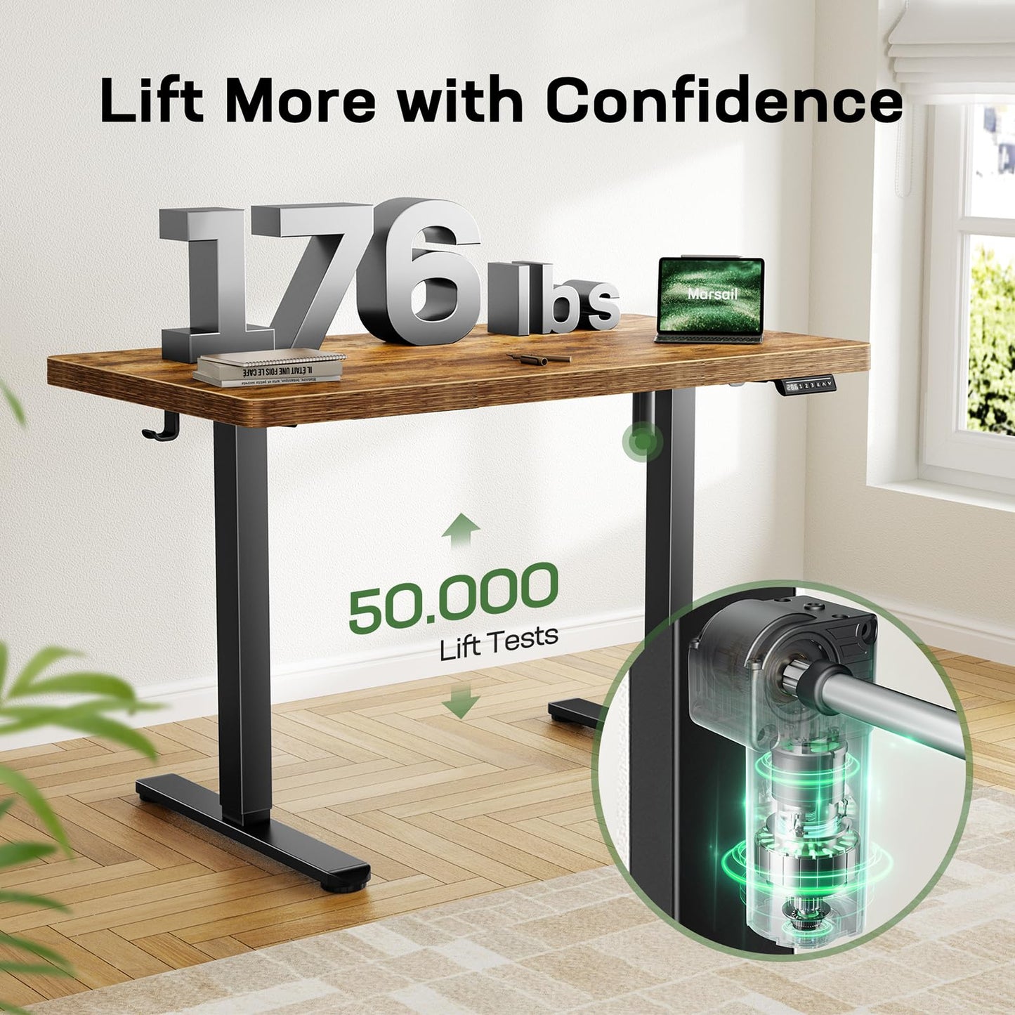 Marsail 55 x 30 Electric Standing Desk with One-Piece Desktop, Sit Stand Desk with Thickened Tabletop, Height Adjustable Stand Up Desk with Cable Management for Home Office(Frame+Desktop, 2 Packages)