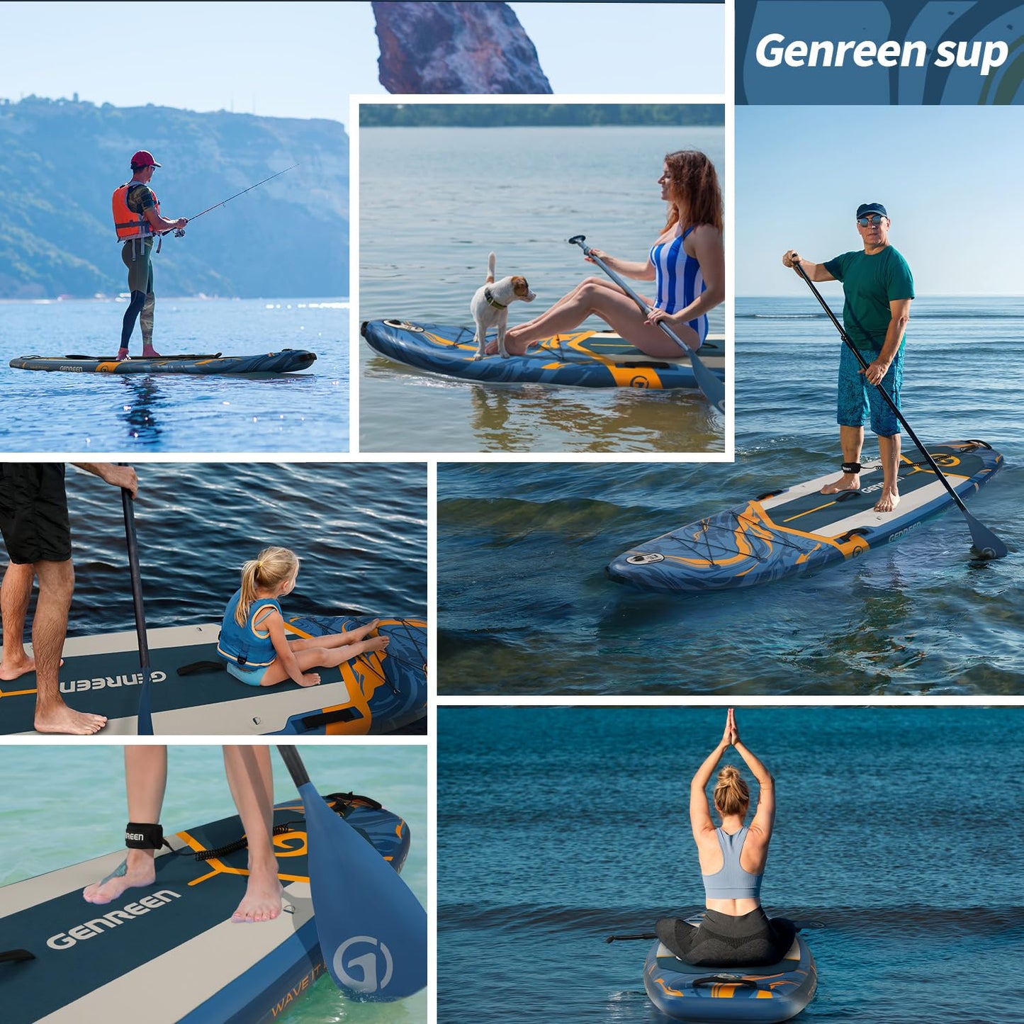 GENREEN Stand Up Paddle Board SUP Inflatable Paddleboard Newly Improved Quality Inspection5 Ultra Stable 5 Grips 450LBS 3 Fins EVA 0.5cm Wide 11'34"6" for JP Customers (Ocean Blue)