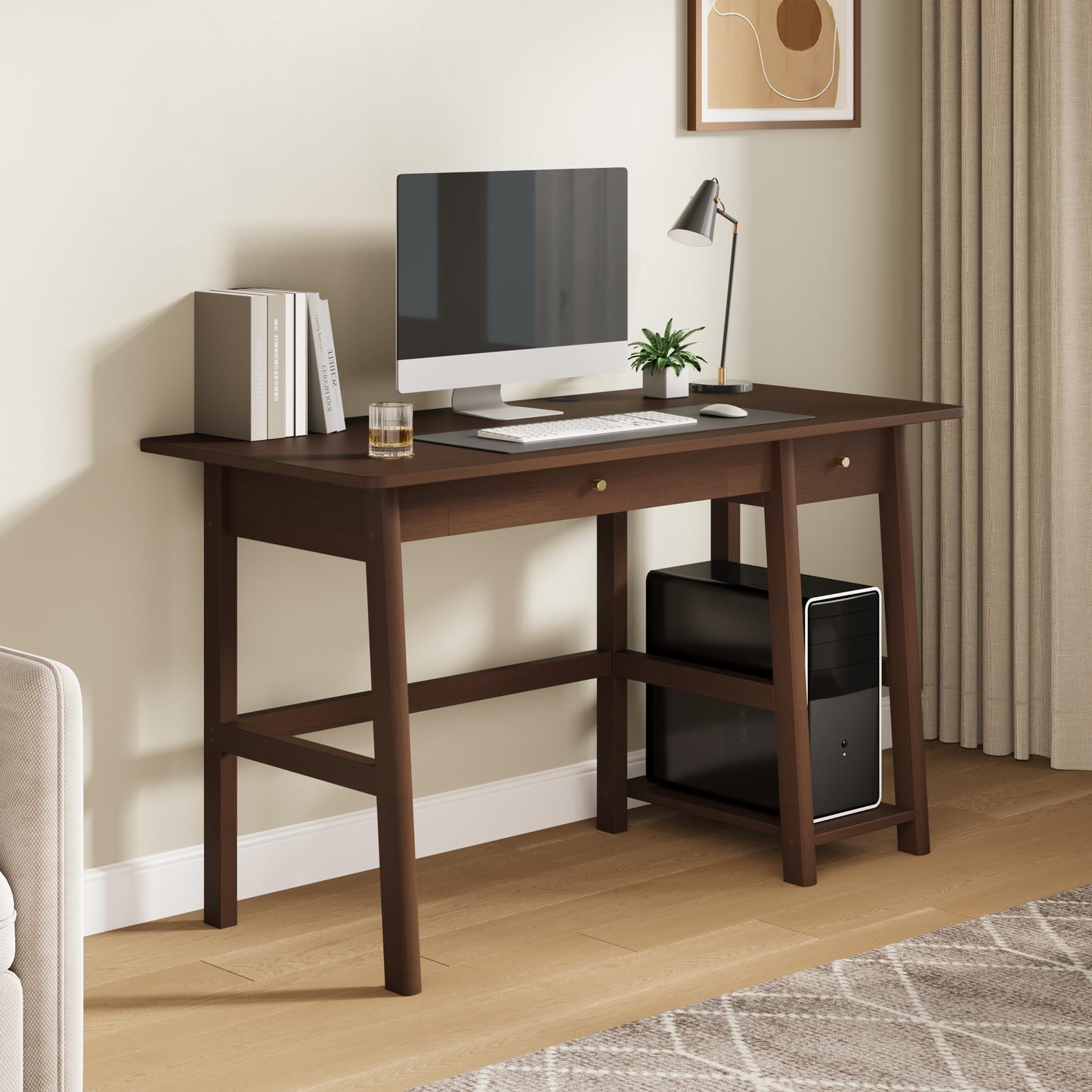 NELYE Solid Wood Desk with Drawer - 52 Inch Modern Writing and Computing Workstation for Home Office in Walnut