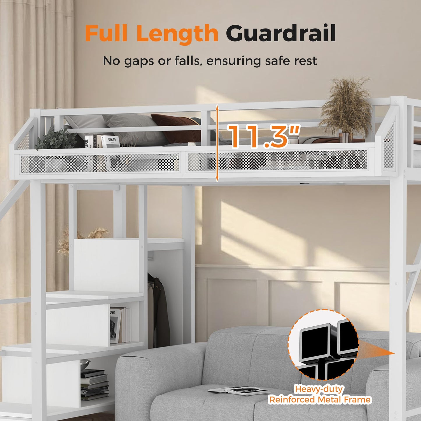 IZLKQC Full Size Loft Bed with Built-in Storage Stairs, Wardrobe, Metal High Loft Bed Frame with Sided Guardrail, Solid Slats, Space Saving Loft Bunk Bed Frame with Wardrobe for Kids Teens, White