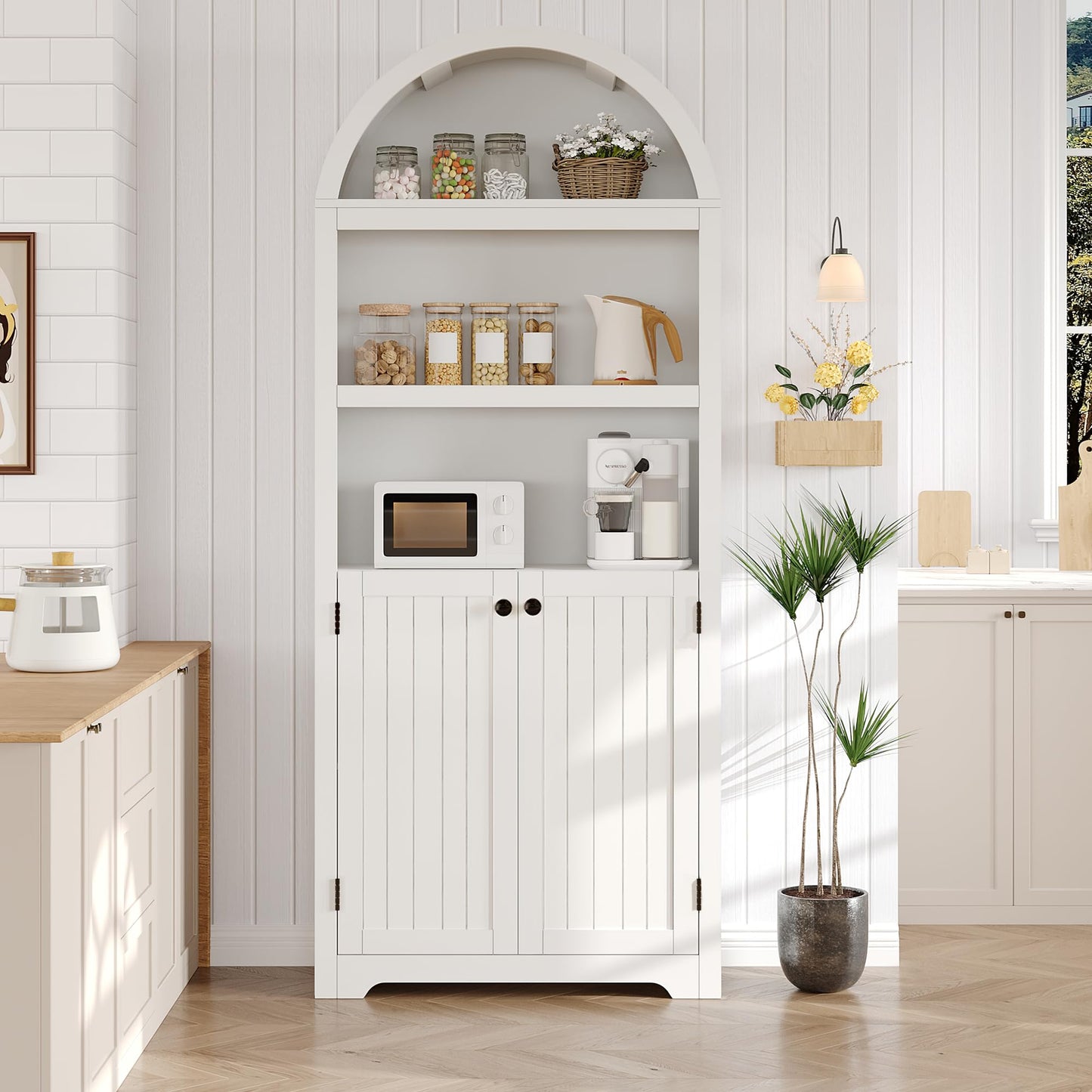 71.6" Arched Storage Cabinet with Adjustable Shelves & 2 Doors, Farmhouse 6-Tier Bookcase, Kitchen Pantry Display Shelf for Living Room and Dining Area Organization, White