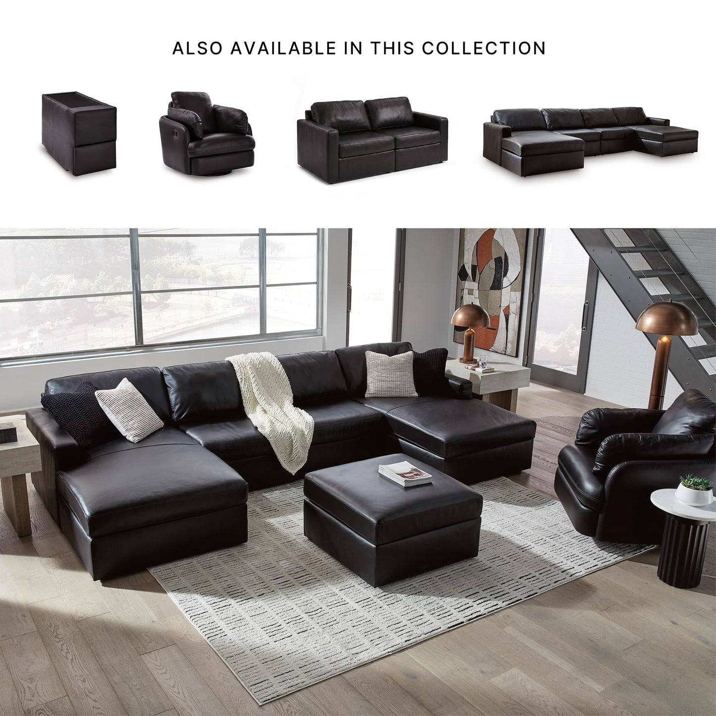 Signature Design by Ashley Modmax II Double Chaise Sectional Sofa, Modular Design, Top Grain Leather Seating, Contemporary Sectionals for Living Room Lounging, Black