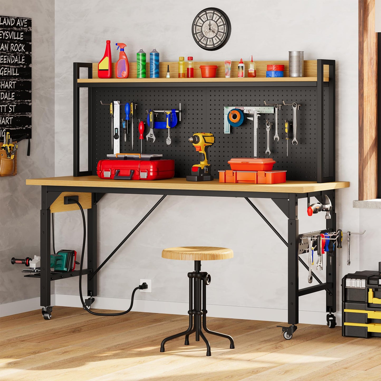 DWVO 60in Heavy Duty Workbench with Pegboard & Wheels Adjustable Work Table