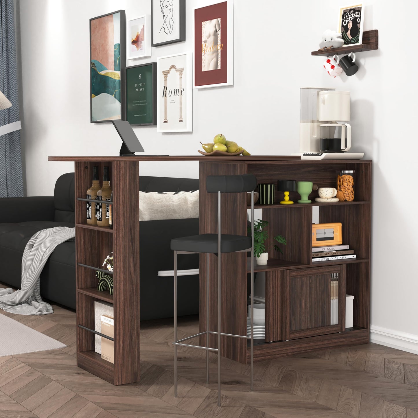 KEIKI 360° Rotating and Extendable Bar Table, Modern Bar Cabinet with Rotating Top, Storage Space, Ribbed Glass Doors, Counter Height Dining Cabinet for Apartment, Dining Room, Living Room, Walnut