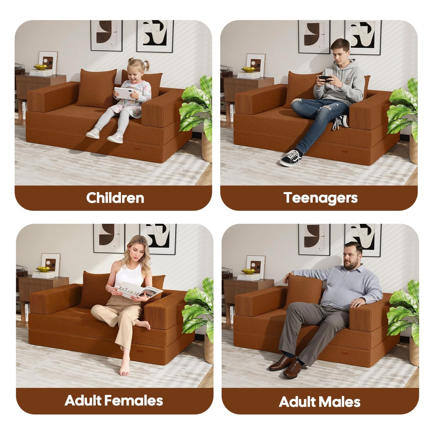 COMAX Futon Sofa Bed, 4‑in‑1 Convertible Sofa Bed, Folding Boneless Couches for Living Room, Fold Out Small Foldable Loveseat Floor Sleeper Comfy Mattress Lounge Space‑Saving, Orange