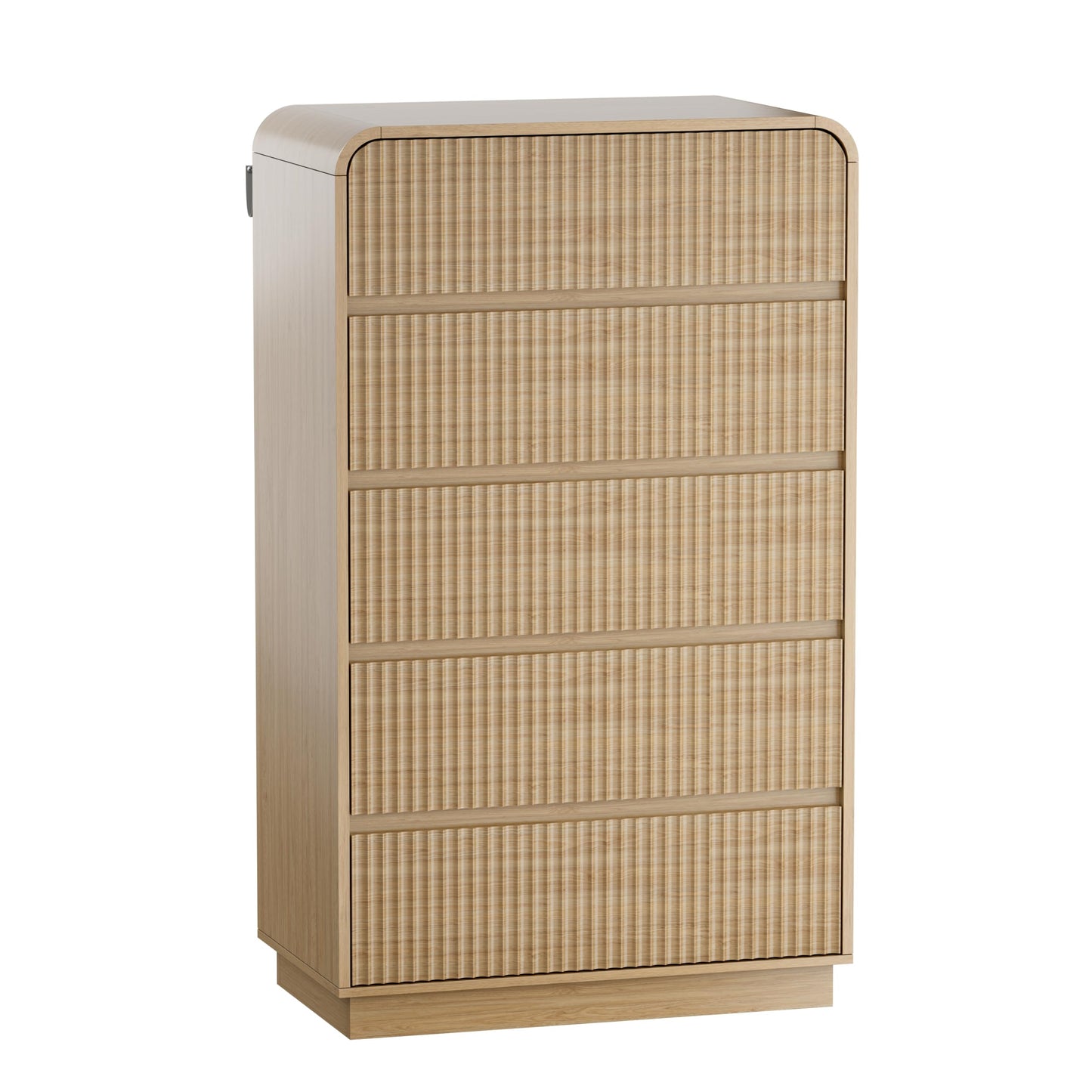 Wodeer Natural Oak Dresser Fluted Tall 5 Drawer Dresser for Bedroom, Wood Chest of Drawers with Hidden Handles & Rounded Corners, Modern Storage Cabinet and Organizer Drawers for Living Room, Hallway