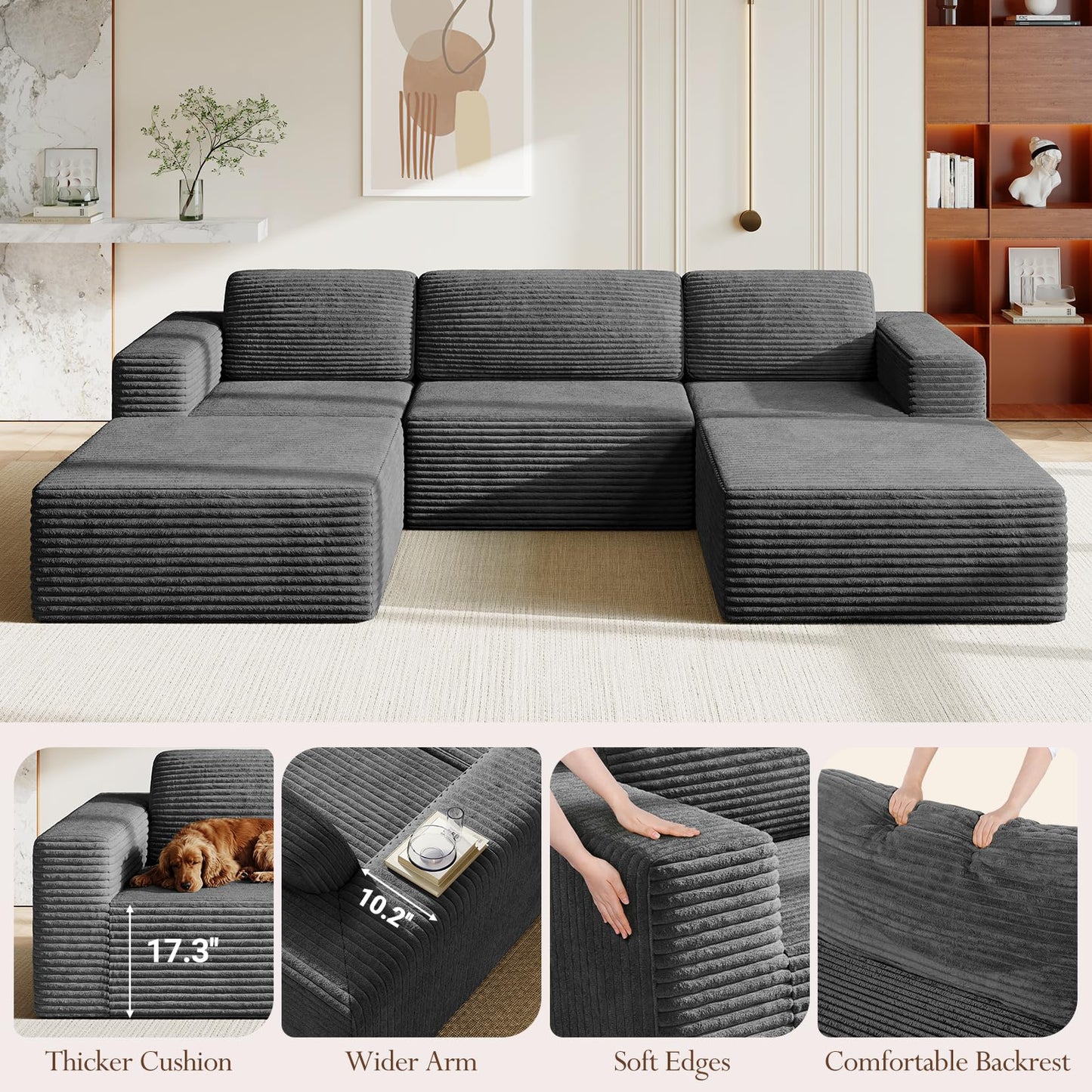 119" U-Shaped Modular Cloud Sofa, Corduroy Sectional Couch with Extra Deep Seats & Durable Spring Support, Convertible Boneless Sofa Set with Dual Ottomans, No Assembly, Grey