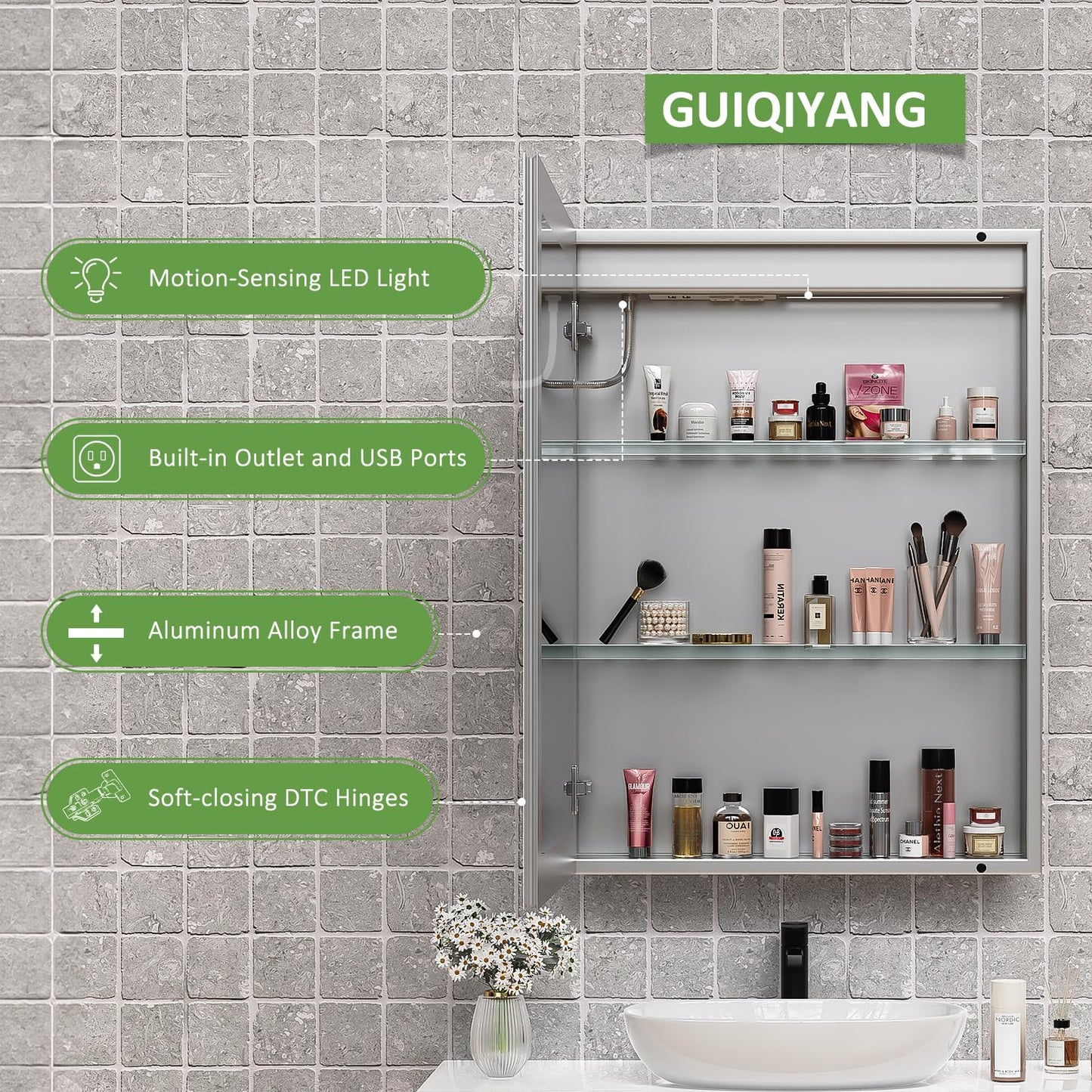 GUIQIYANG Medicine Cabinet with Lights, Bathroom LED Mirror Cabinet with Storage, Anti-Fog & 3 Color Lights, Recessed or Wall Mounted (24X32 in)