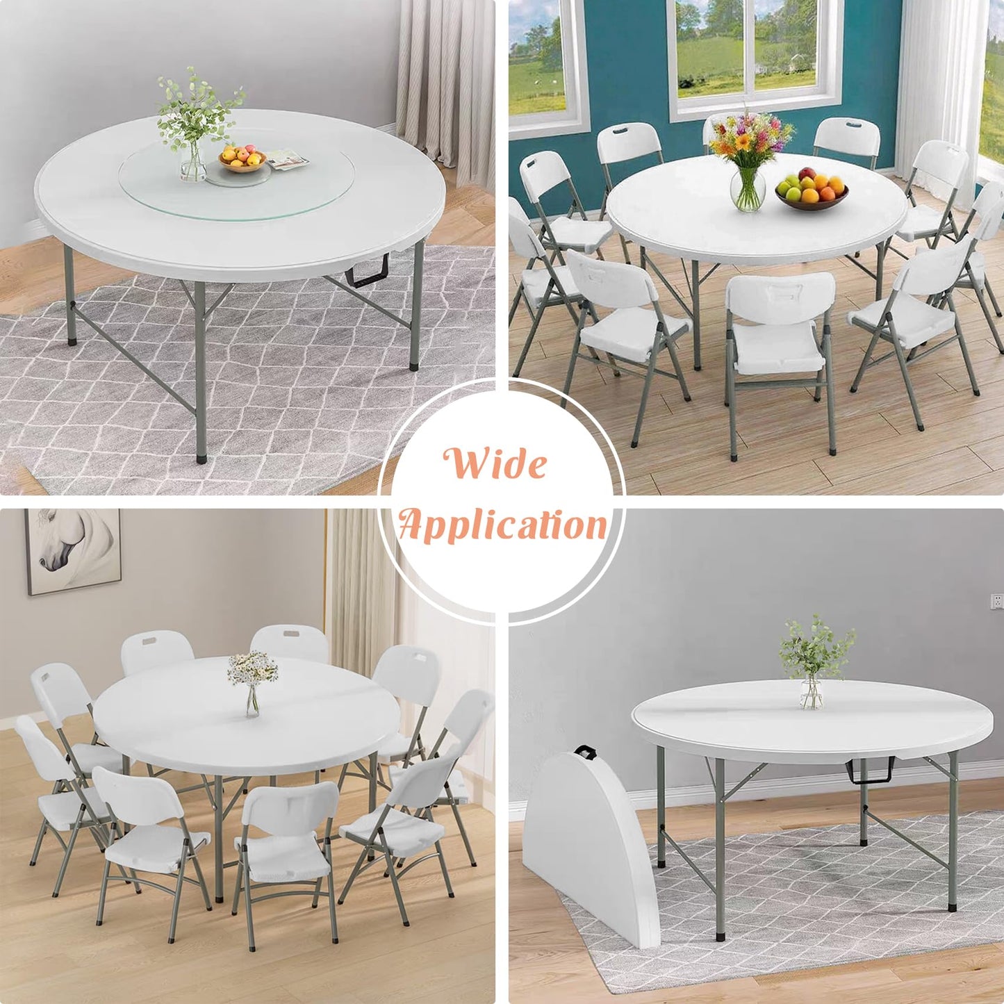 JALANCY 5 FT Round Folding Tables with Carrying Handle 60 inch Heavy Duty Portable Plastic Commercial Table Steel Legs for Party, Dining, Wedding, Events, Picnic Indoor, Outdoor (White,1 Pack)