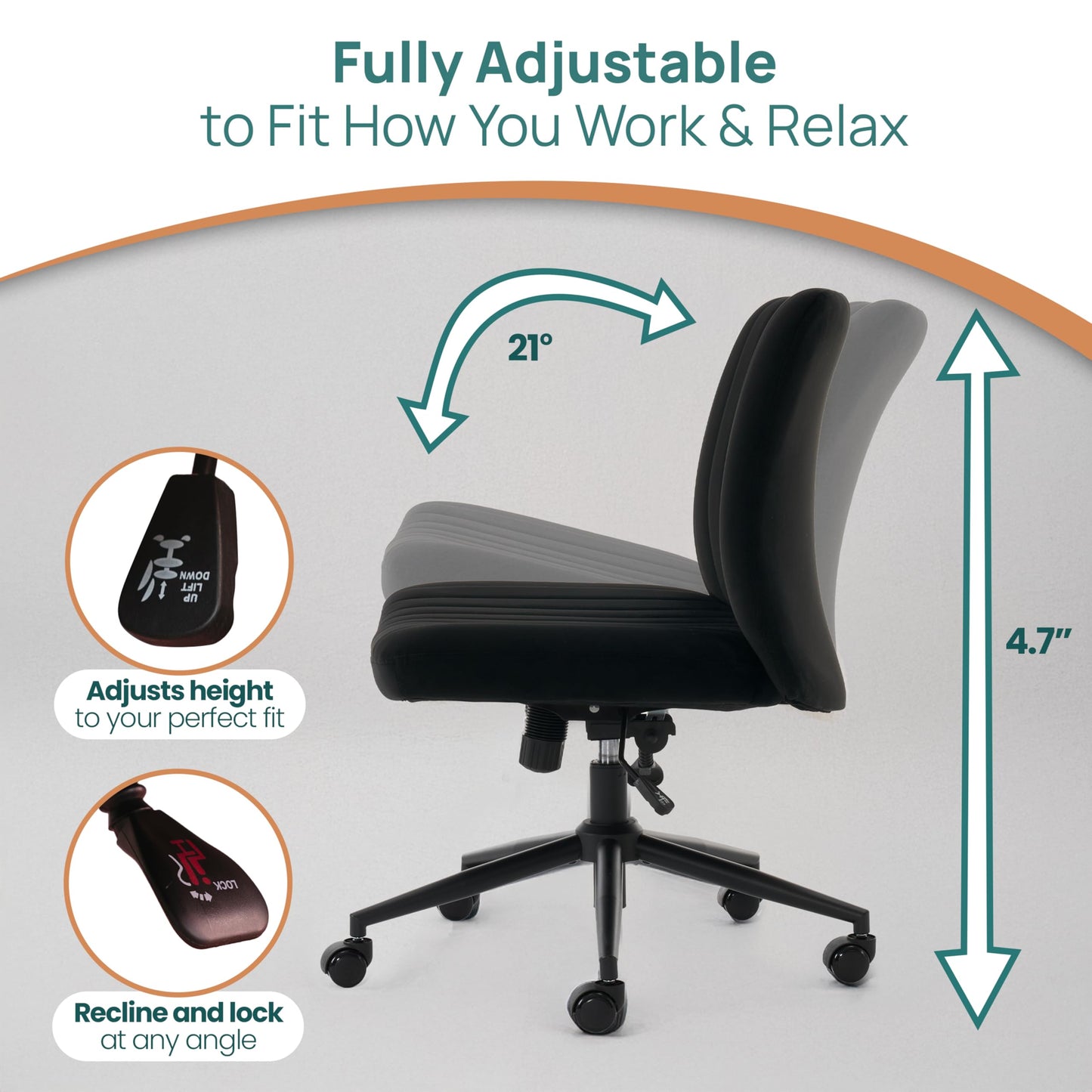 NYPOT Armless Desk Chair with Wheels for Criss Cross Sitting - Cross Legged Wide Armless Chair - Adjustable Vanity 360° Swivel Stool and 120° Rocking Wide Seat Comfy for Home and Office, Black Velvet