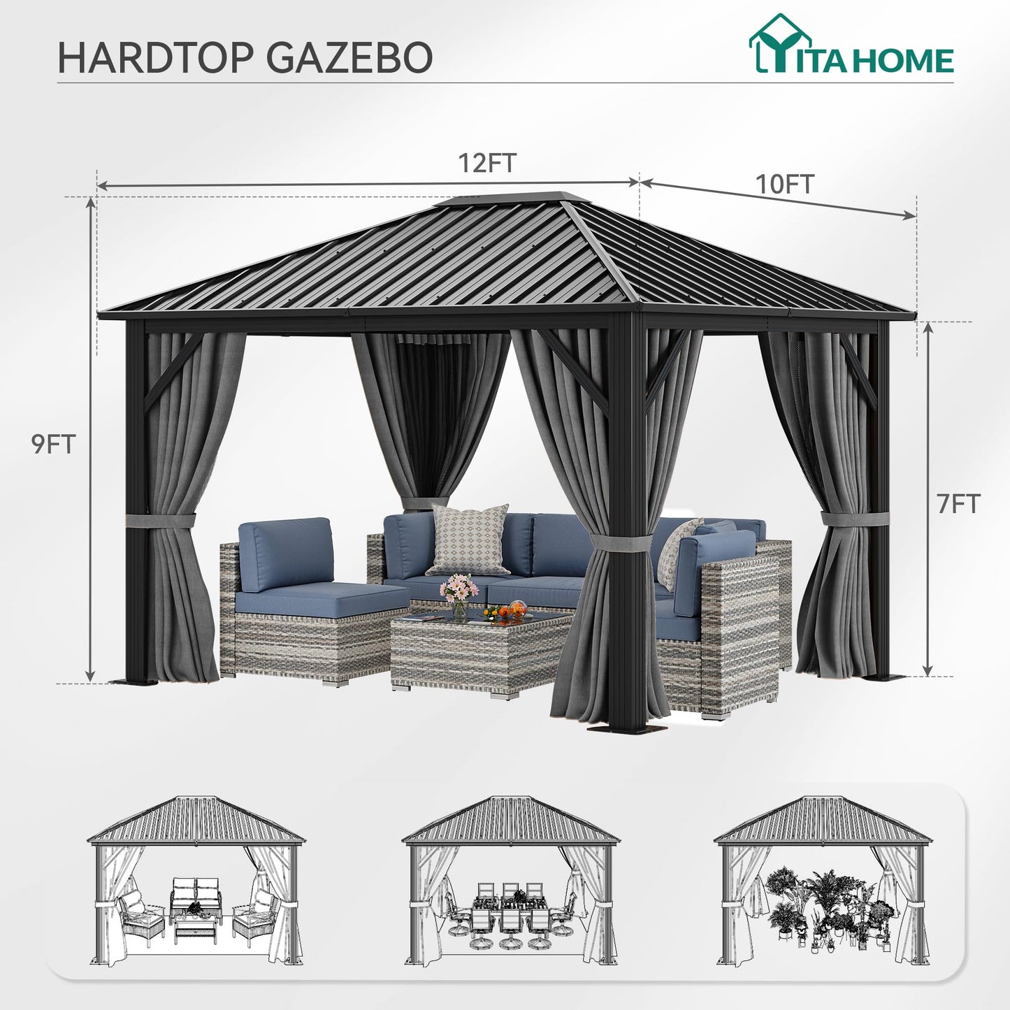 YITAHOME 10X12FT Single Hardtop Metal Gazebo Top Outdoor Patio Canopy Galvanized Iron Aluminum Column Garden Tent Curtains Netting for Backyards Decks Lawns,Gray