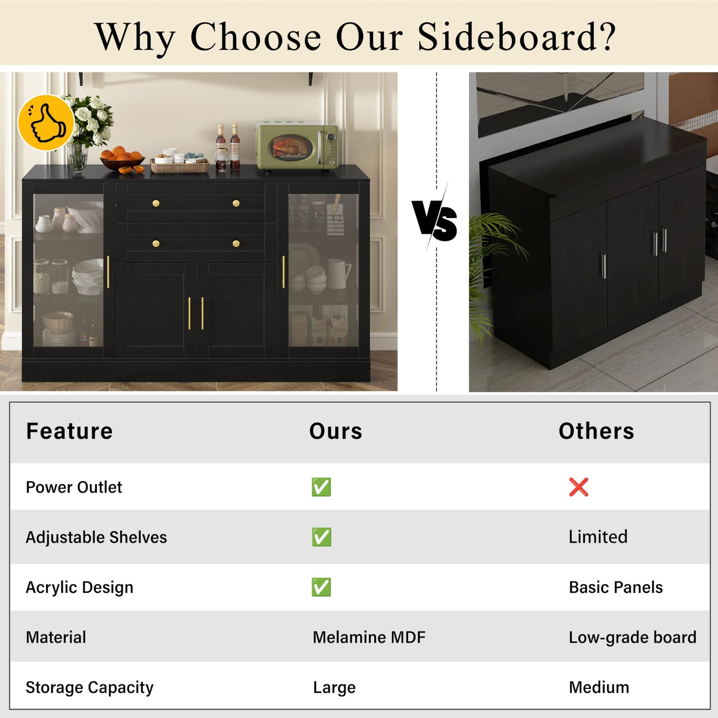 GDFStudio 51" Modern Storage Cabinet with Doors & Drawer, Large Buffet Sideboard Cabinet with Adjustable Shelves, Farmhouse Credenza Console Table Coffee Bar for Living Room Dining Room Kitchen, Black