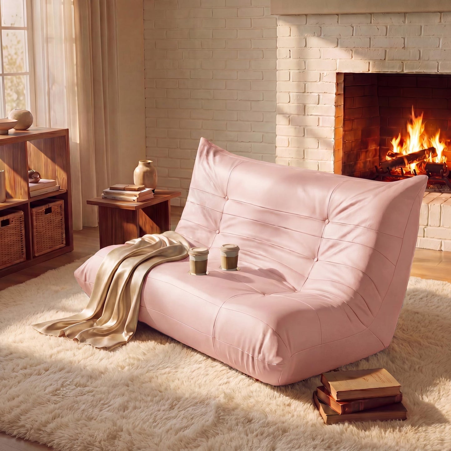 YESHOMY Boneless Loveseat Couch, Oversized Ergonomic Floor Sofa Couch, Durable PU Leather Sofa with Cup Holders, No Assembly Fireside Couches for Living Room, Bedroom (Pink)