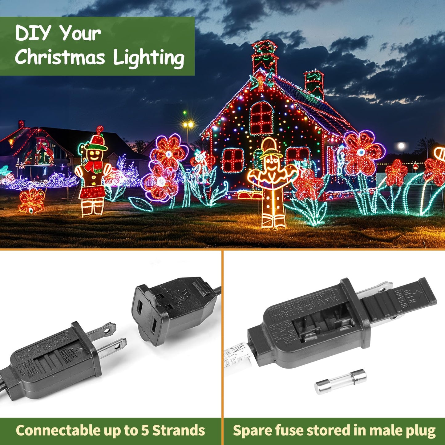 Minetom C9 Stringer Lights, 100 FT Connectable with 100 Sockets, Black Wire, 12in Spacing, Plastic, Outdoor Patio Use