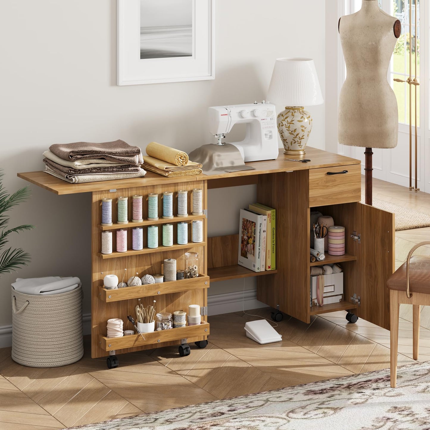 Garvee Folding Sewing Machine Table with Storage Shelves and Sliding Drawer, Rolling Side Desk for Sewing Machine, Craft Station with Lockable Wheels for Home, Bedroom, Small Spaces, Brown
