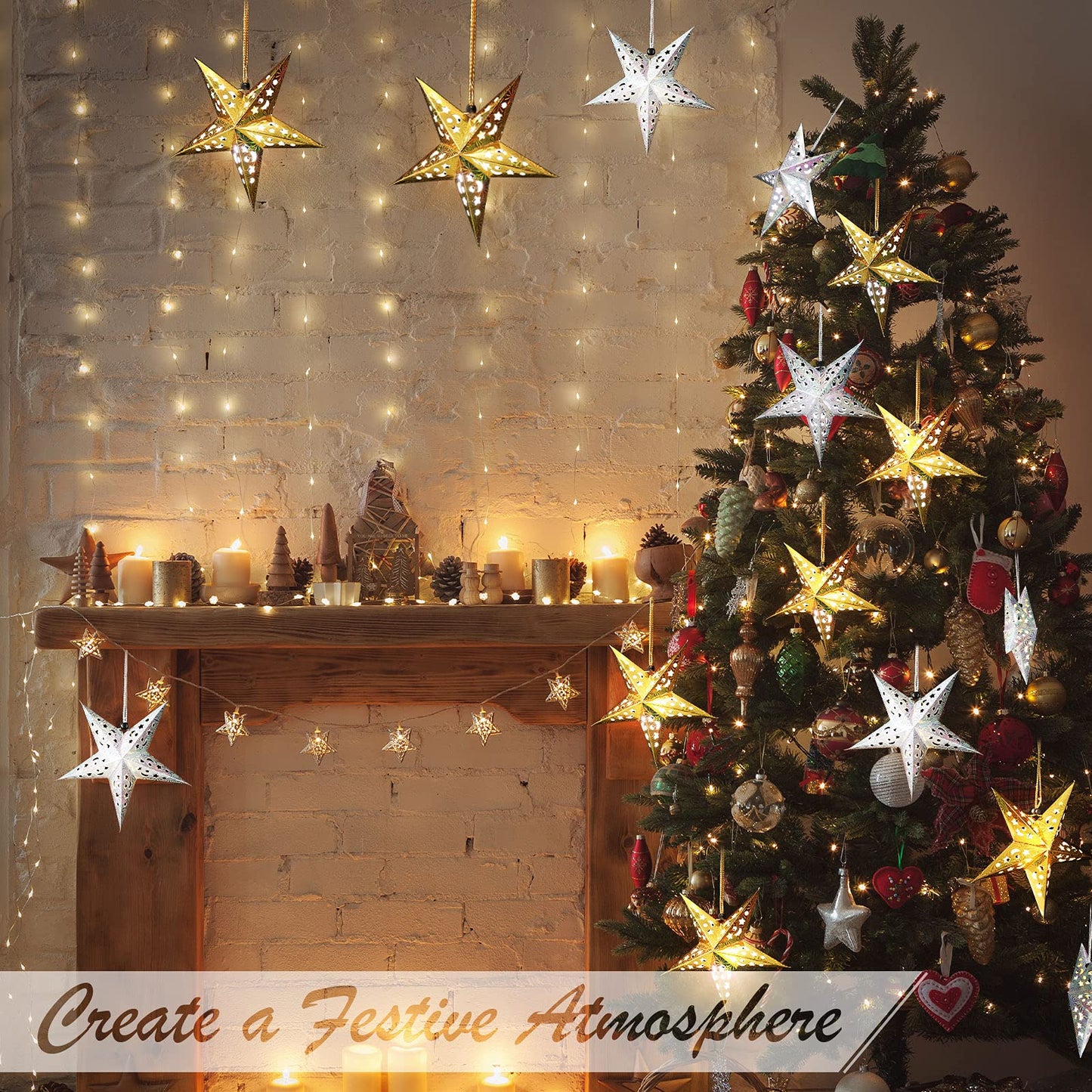 Zhanmai 10 Pcs 3D Paper Star Lanterns with 20 LED Lights, Gold & Silver Hanging Decoration for Christmas and Independence Day
