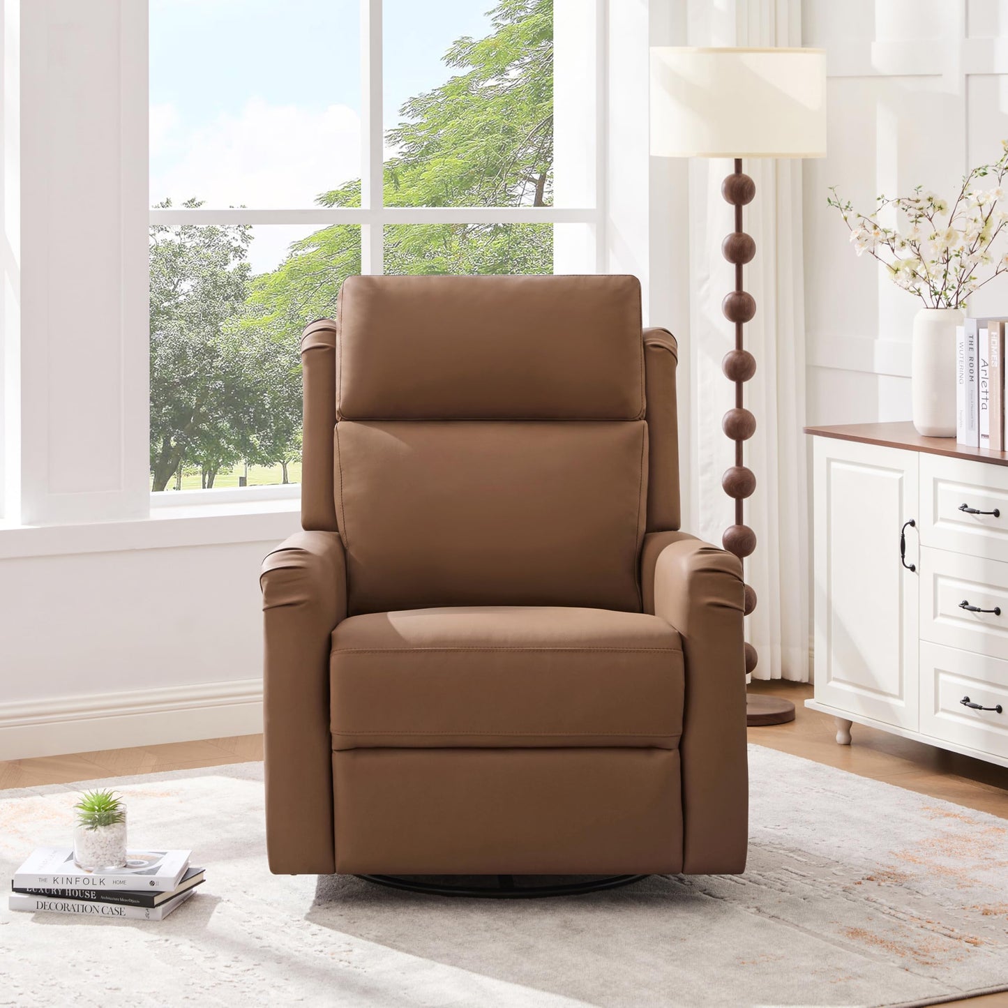 Merax Modern Manual Recliner Chair with Massage & Heat, 270° Swivel Rocking Chair, PU Leather Upholstered Home Theater Recliner with Storage Pocket, Adjustable Backrest for Living Room, Brown