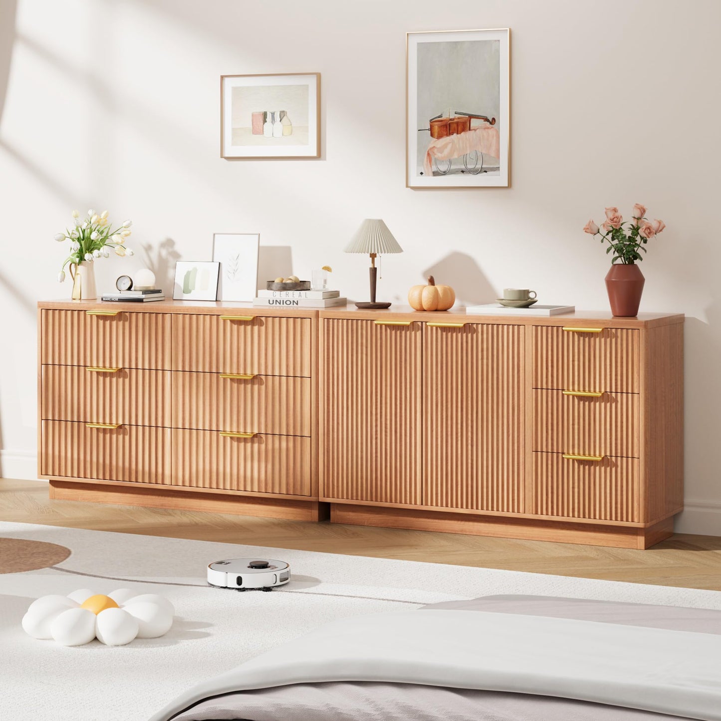 Garvee 47 in Modern Sideboard Buffet Cabinet with Storage, Compact Wood Kitchen Cabinet with 3 Drawers & Shelf, Buffet Table for Dining Room Living Room Apartment, Natural