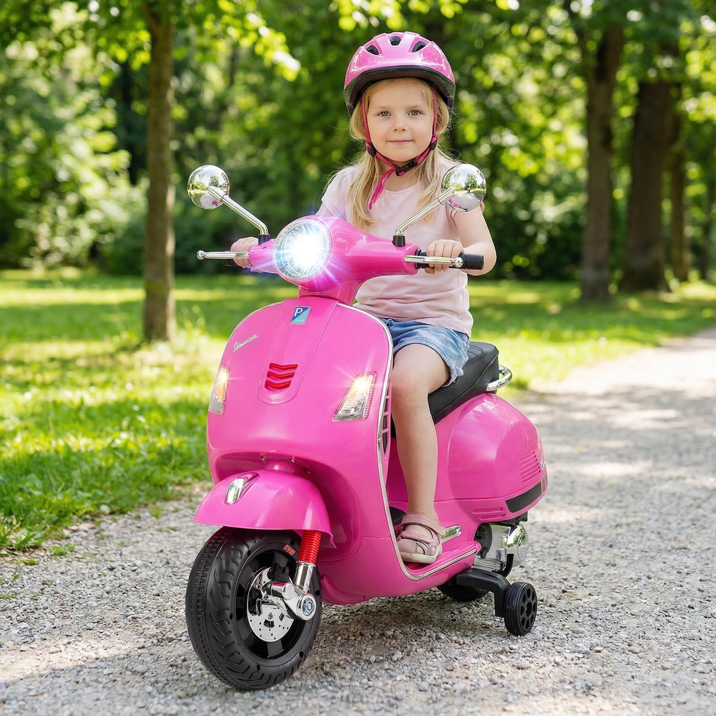 Licensed Vespa 12V Kids Motorcycle by INFANS with Training Wheels, Music, Story, Horn, Lights for 3-6 Years (Pink)