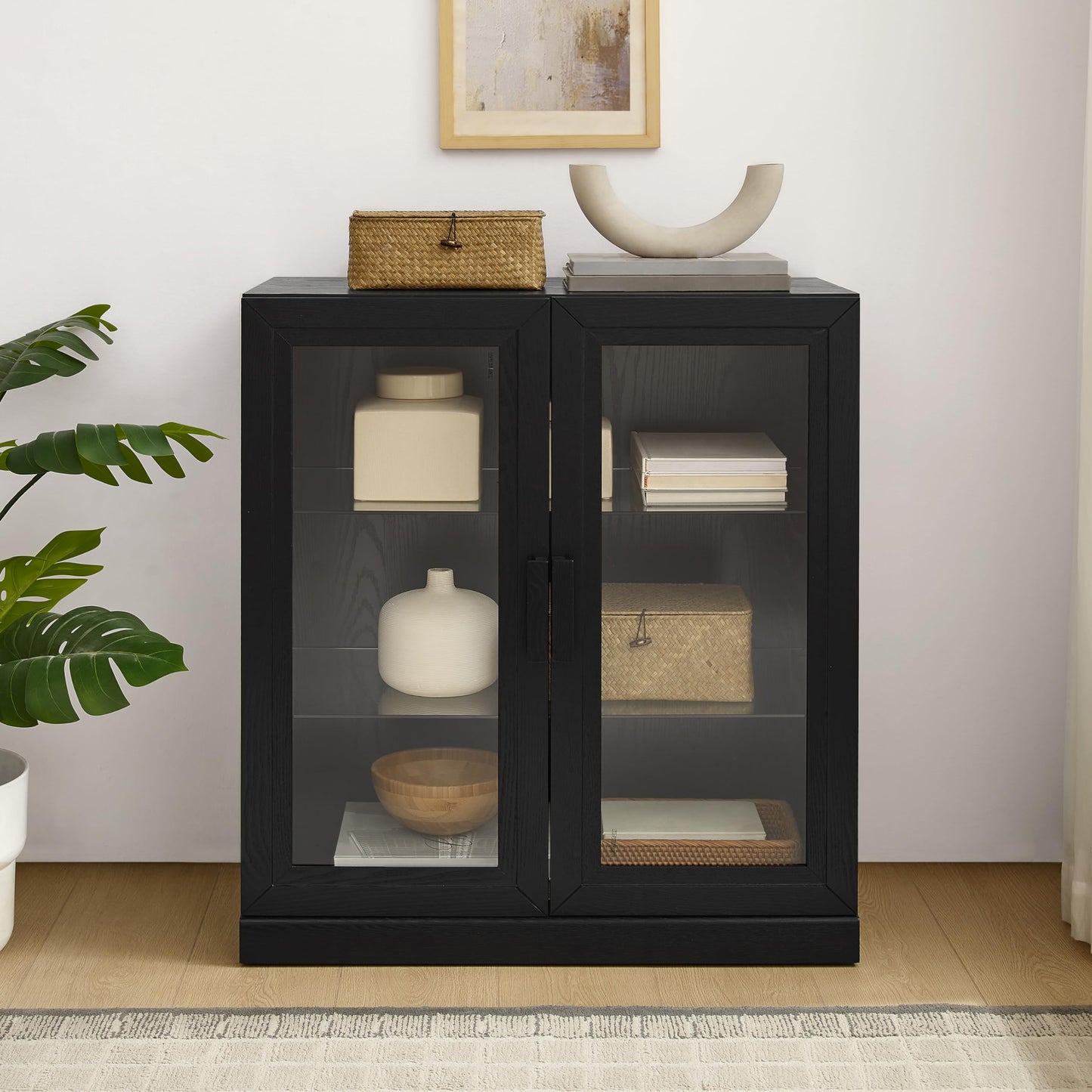 Crosley Furniture Essen Stackable Glass Door Kitchen Pantry Storage Cabinet, Accent Cabinets for Entryway, Black