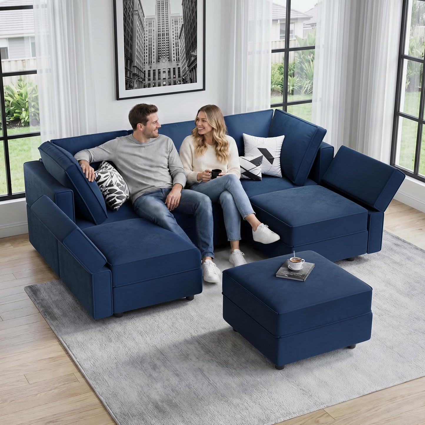 Vesgantti Sectional Sleeper Sofas with Storage, 92" Sofa Bed with 6 Seats Storage Chaises Removable Cover, Deep Seat Modular Couches Velvet Couch Set for Living Room, Apartment, Home Theater, Blue