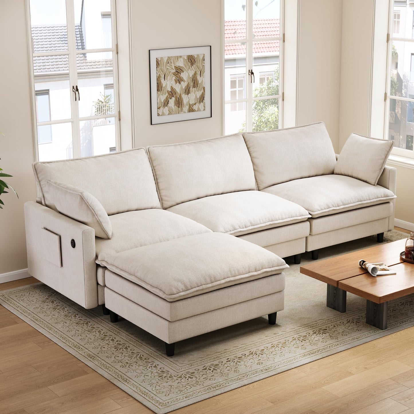 FAVSH 102'' L-Shaped Modular Sectional Sofa, 3-Seater Cloud Couch with Movable Ottoman, Deep Seat Chenille Upholstery, USB & Type-C Charging, Foldable Side Table for Living Room Apartment, Beige