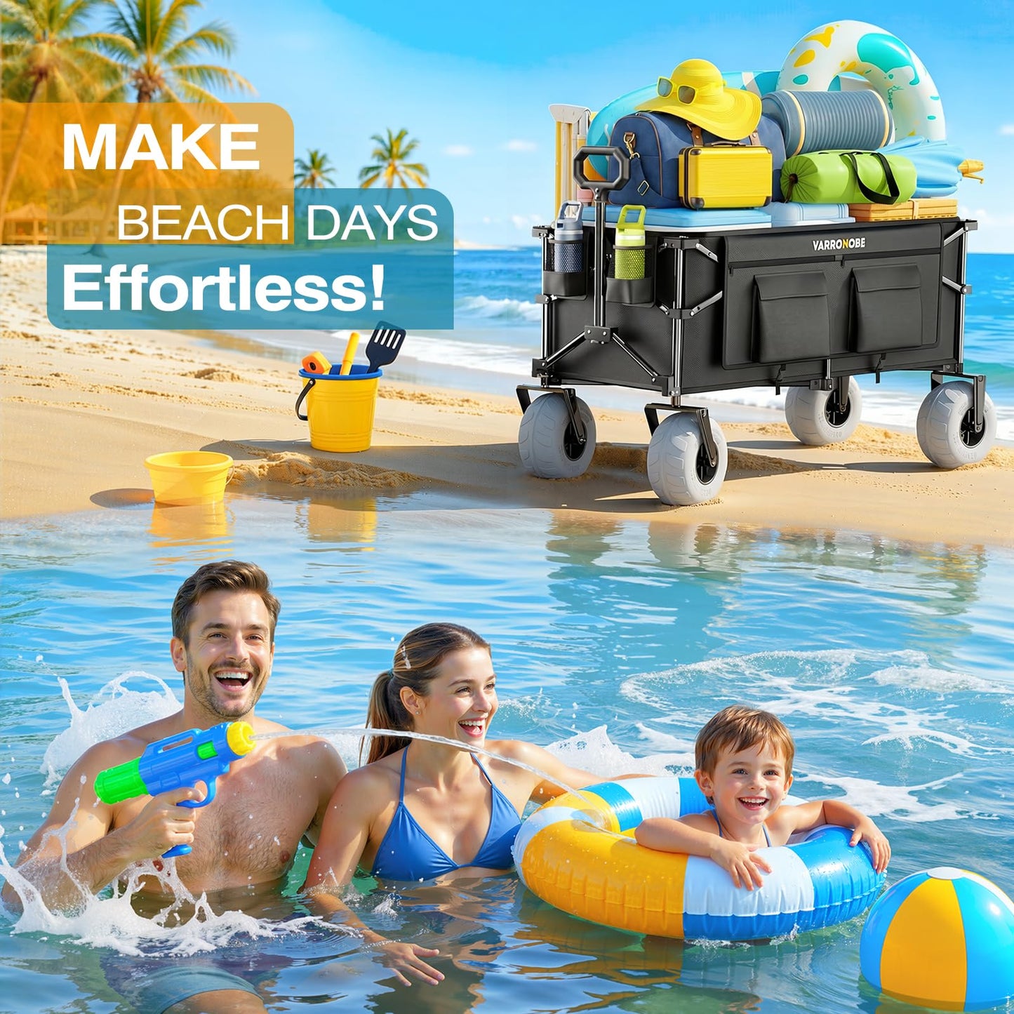 VARRONOBE Beach Wagon with Big Balloon Wheels for Sand, 240L Collapsible Wagon, 9x4 Wide Wheels, 450lbs Heavy Duty Beach Cart with Side Covers & Zipper Pockets, 600D Oxford Fabric, Black