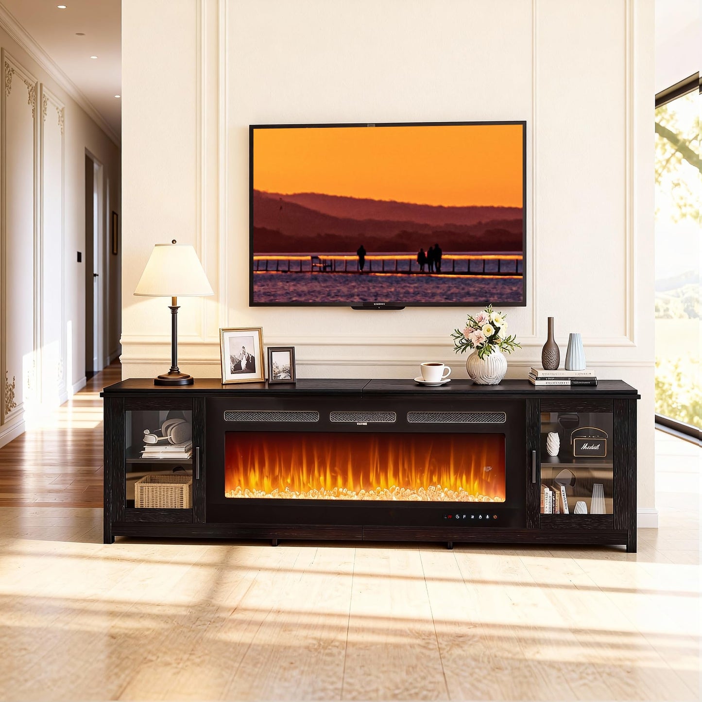 OneBlis 80" Fireplace TV Stand, Modern 50" Smart Fireplace Fire Place TV Console, Adjustable Entertainment Center with 12-Color LED Lights, for Living Room, Black