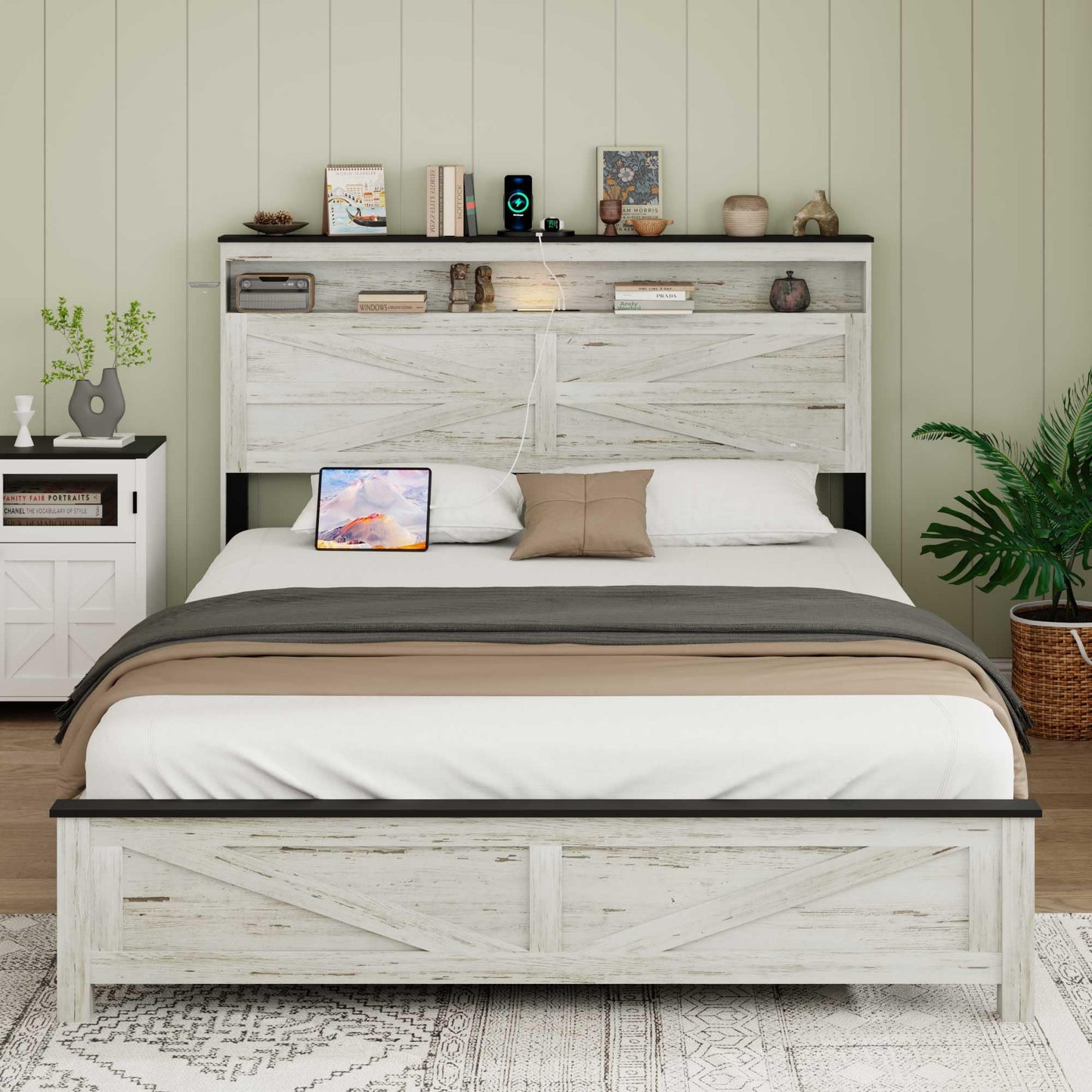 Ball & Cast Wood Full Size Bed Frame with Storage Headboard,Farmhouse Platform Bed Frame Full with Charging Station,Noise-Free,No Box Spring Needed,Easy Assembly,Antique Gray