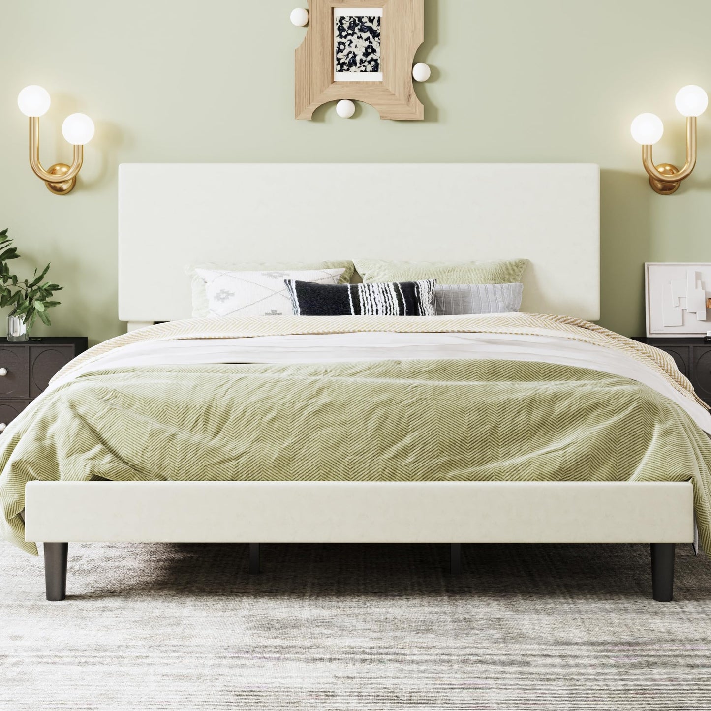 SHA CERLIN Boucle Upholstered King Size Bed Frame, Cream