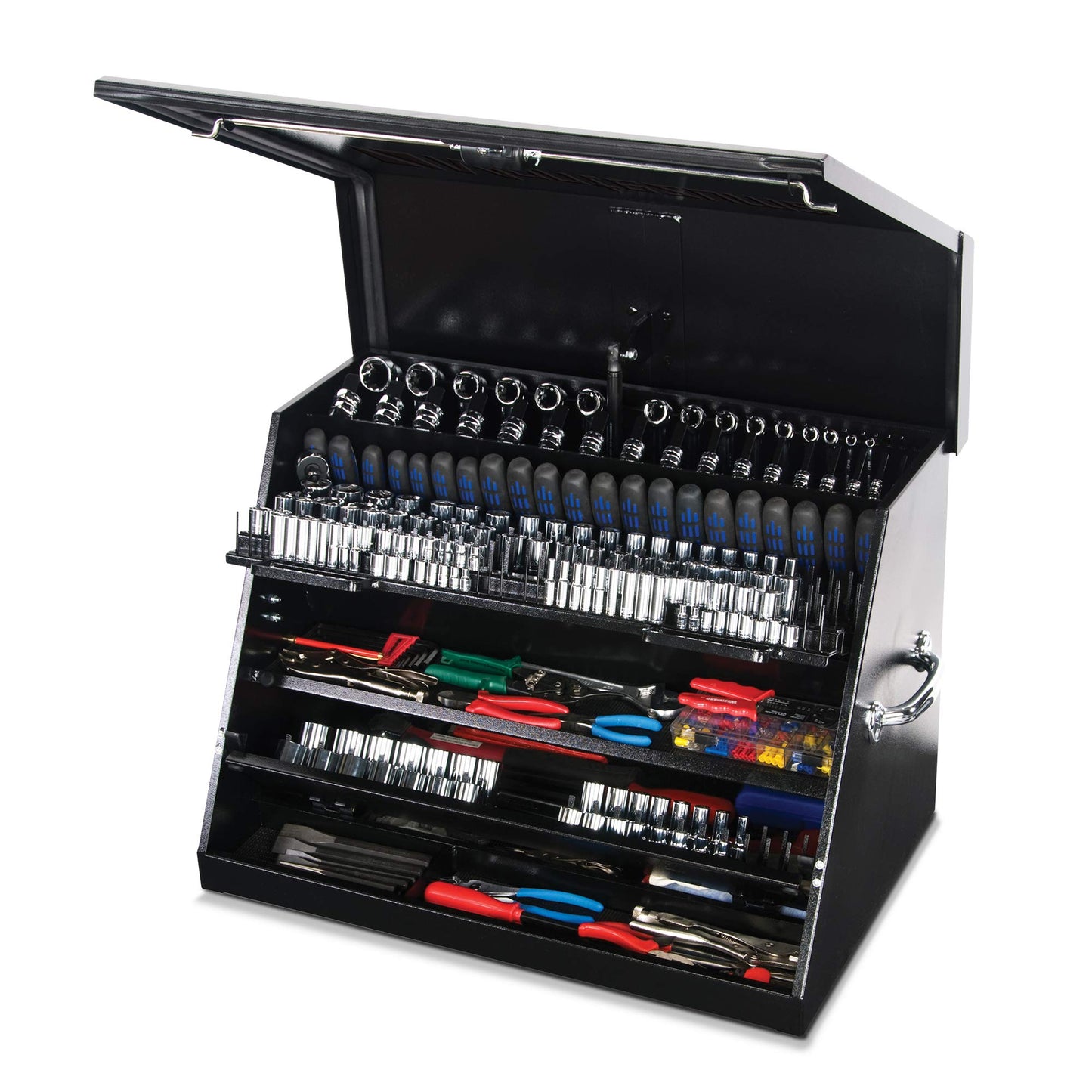 Montezuma – LA400B – 30-Inch Portable TRIANGLE Toolbox – Multi-Tier Design – 16-Gauge Construction – SAE and Metric Tool Chest – Weather-Resistant Toolbox – Lock and Latching System