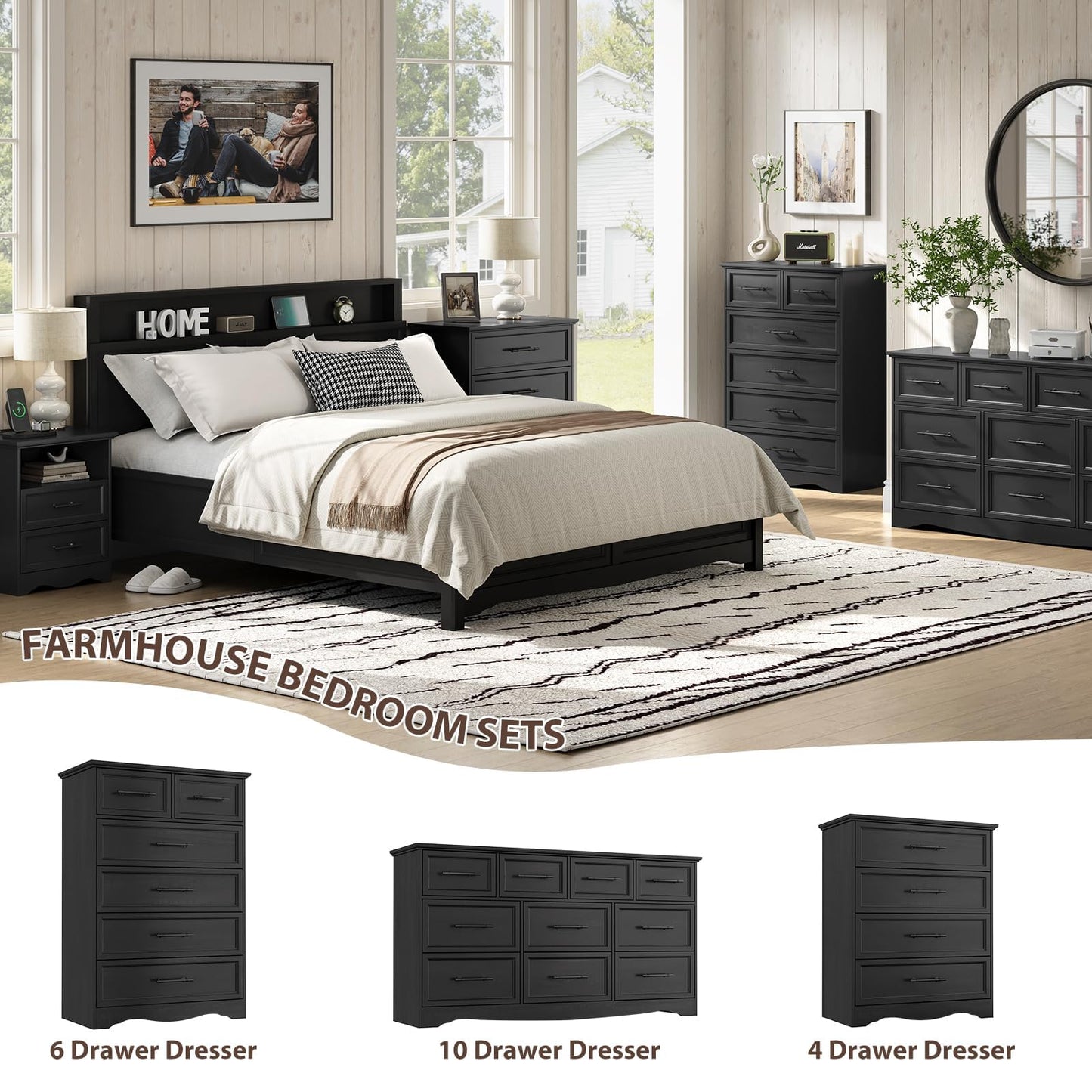 YANSNWO Black Farmhouse Dresser for Bedroom, Modern 6 Chest of Drawers, 44" Tall Chest of Drawers w/Brushed Metal Handle, Wood Closet Organizers and Storage Cabinet for Bedroom, Living Room, Hallway
