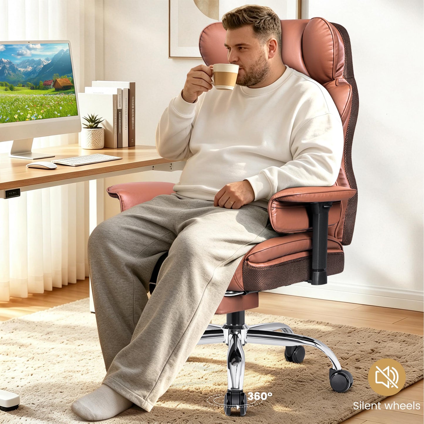 Stella Mia Big & Tall Executive Office Chair, Ergonomic High Back Heavy Duty Computer Chair with Retractable Footrest and Wide Seat, Brown 2 Pack