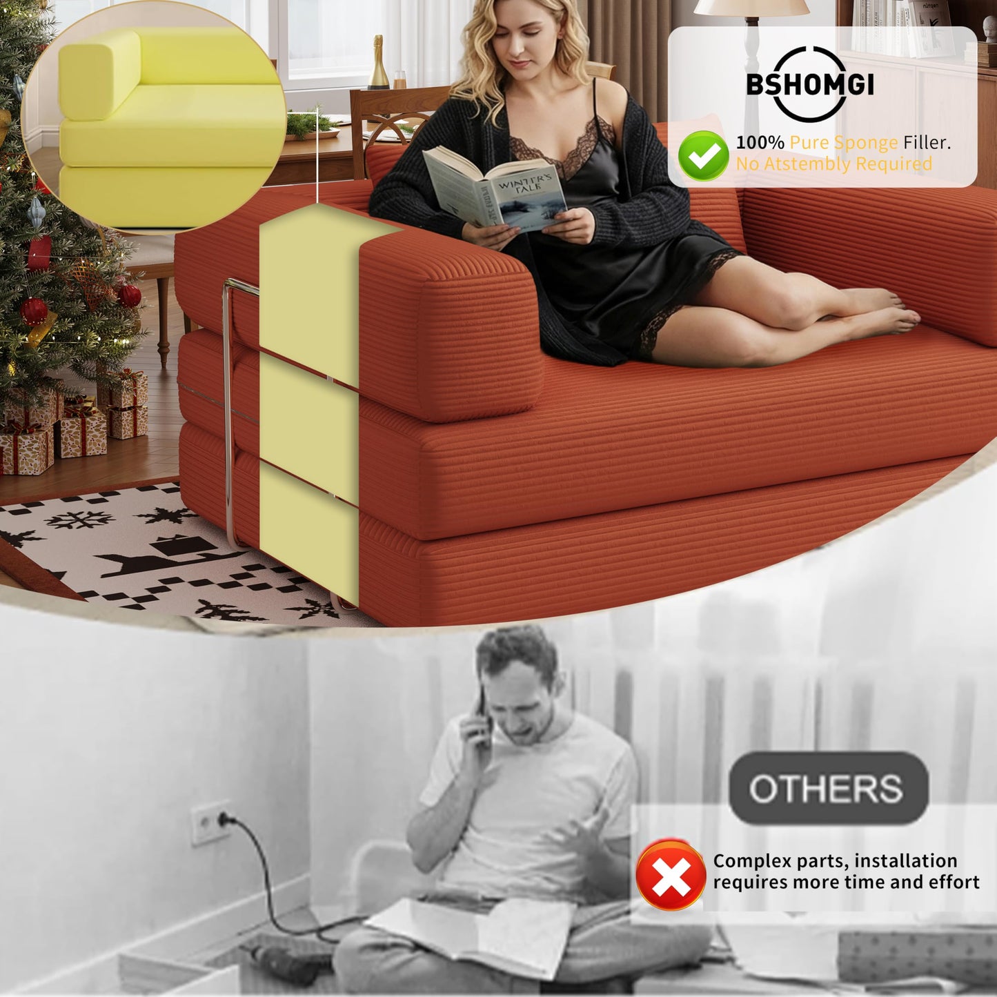 Convertible Futon Sofa Bed, 2 Seater Corduroy Floor Queen Size Bed Foldable Sleeper Lounge Boneless Loveseat Couch with 2 Throw Pillows for Living Room Bedroom Guest Room(Orange, 53.15"Double Sofa)
