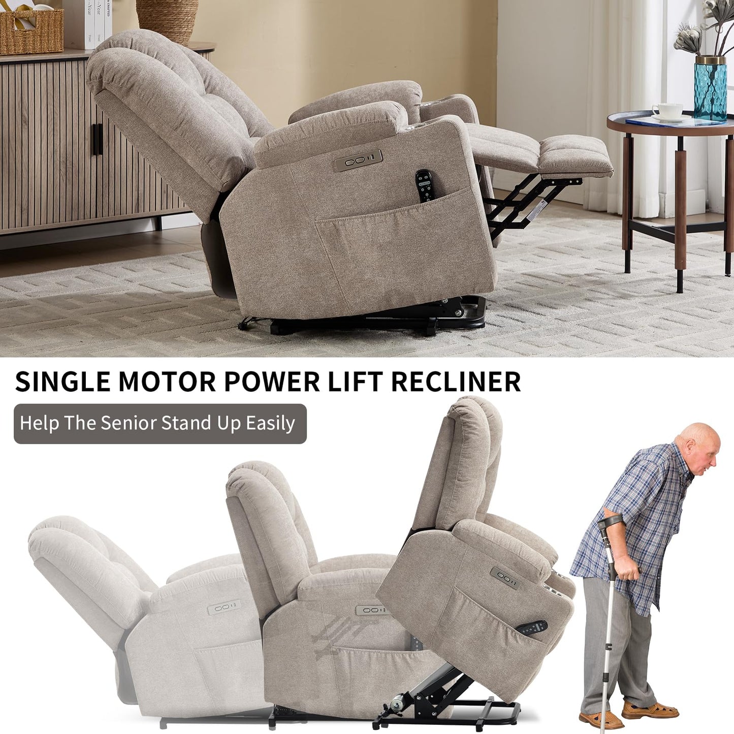 KEIKI Oversized Power Lift Recliner Chair with Heat & Massage, Reding Rocking Chair for Adults, High Seat Cozy Chenille Recliner with Side Pockets, USB Port, Cup Holders & Lumbar Support, Khaki