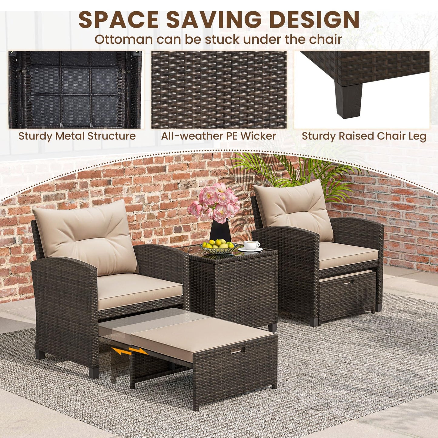 Tangkula 5 Pieces Patio Conversation Set, PE Wicker Rattan Outdoor Furniture Set with 2 Chairs, 2 Ottomans & Tempered Glass Coffee Table, Ideal for Poolside, Backyard, Lawn, Deck (Mix Brown & Beige)