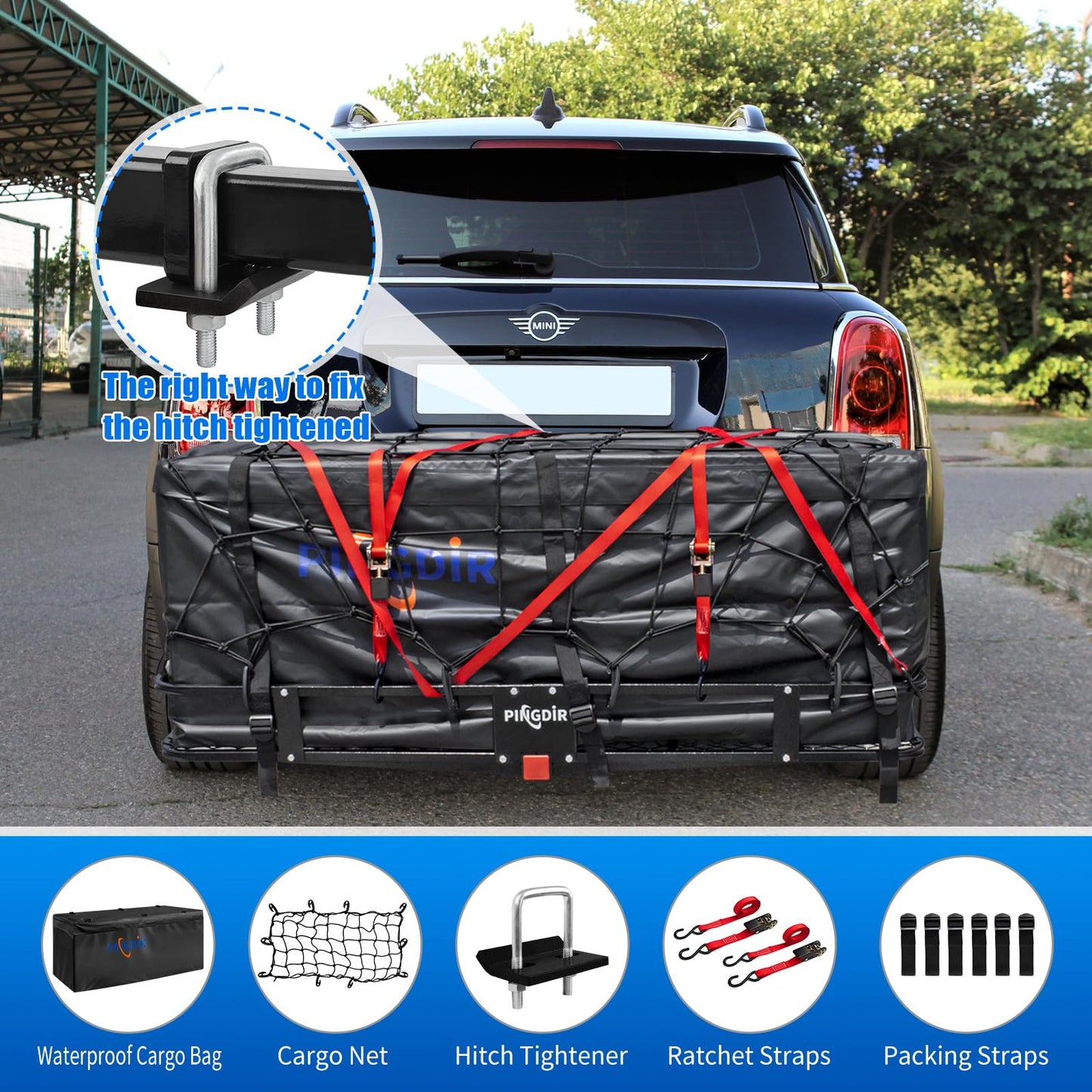 PINGDIR Folding Hitch Mount Cargo Carrier Hitch Rack Basket 60"*21.5"*6" Hauling Weight Capacity of 500 Lbs, Waterproof Cargo Bag 58" 19" 24", with Hitch Stabilizer,Cargo Net and Ratchet Straps
