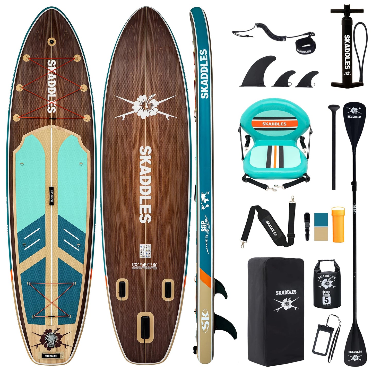 SKADDLES 11' Inflatable Stand Up Paddle Board with seat – Extra Wide SUP for Adults & All Skill Levels, Stable Paddleboard with Accessories (deep Forest/seat)
