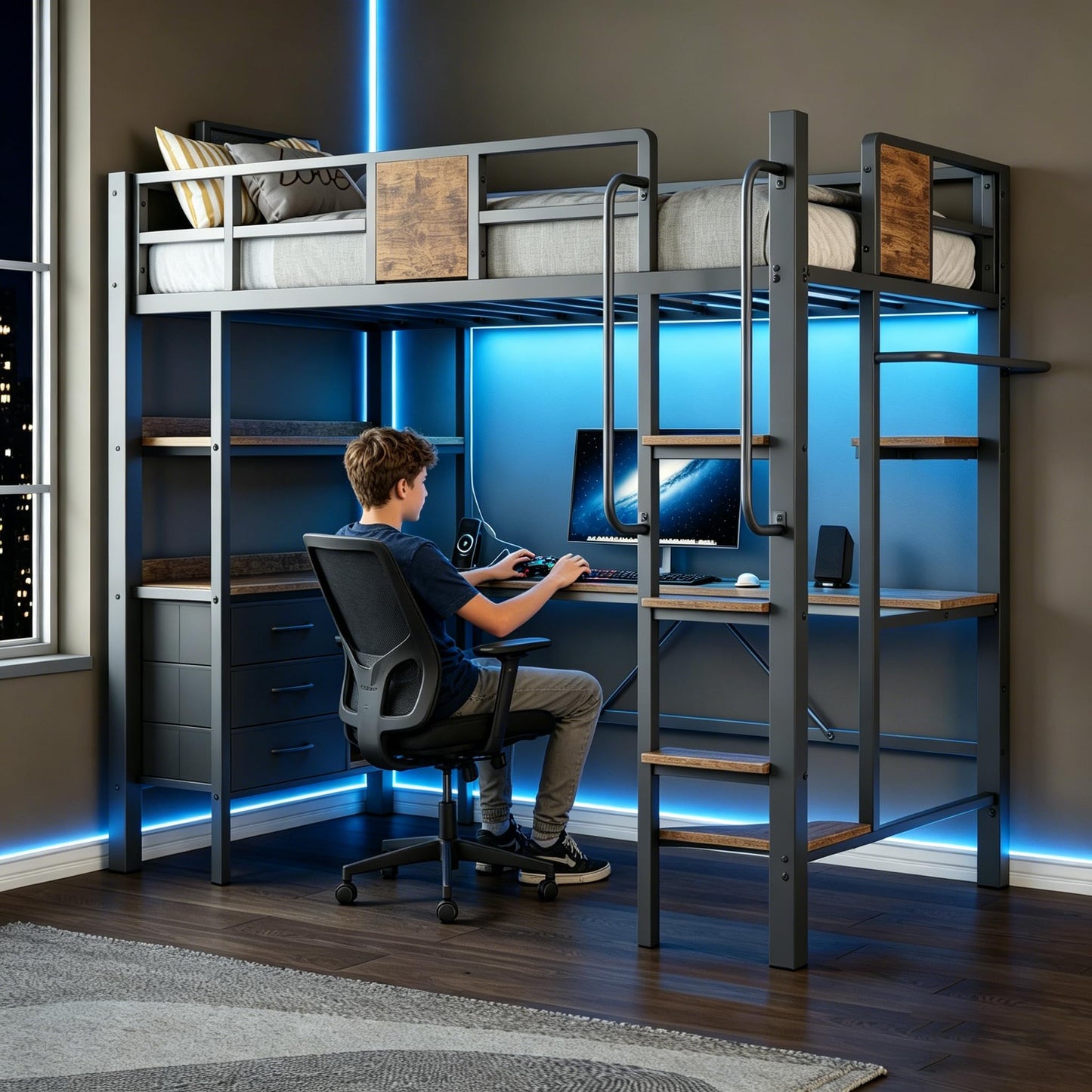 GarveeLife Twin Size Loft Bed Frame with Desk and Storage Shelves, Metal Loft Bed with Ladder and Full-Length Guardrails, Space Saving Kids Bed with Built-in Workstation for Bedroom, Black