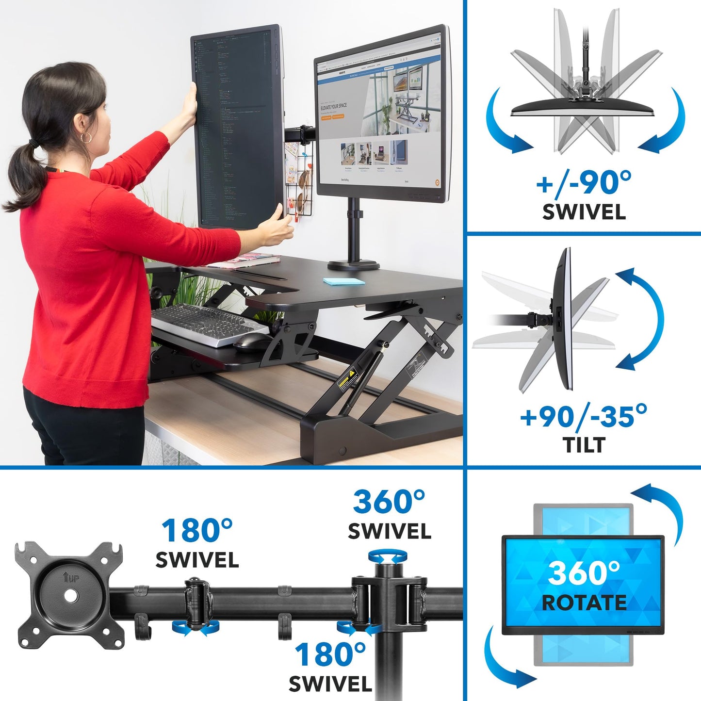 Mount-It! Standing Desk Converter Dual Monitor, 2 Screen Mounts Included, Height Adjustable Desk Riser in Black, Stand Up Desk Convertor Large 36" Wide, Sit Stand Convertor with Manual Lift Gas Spring
