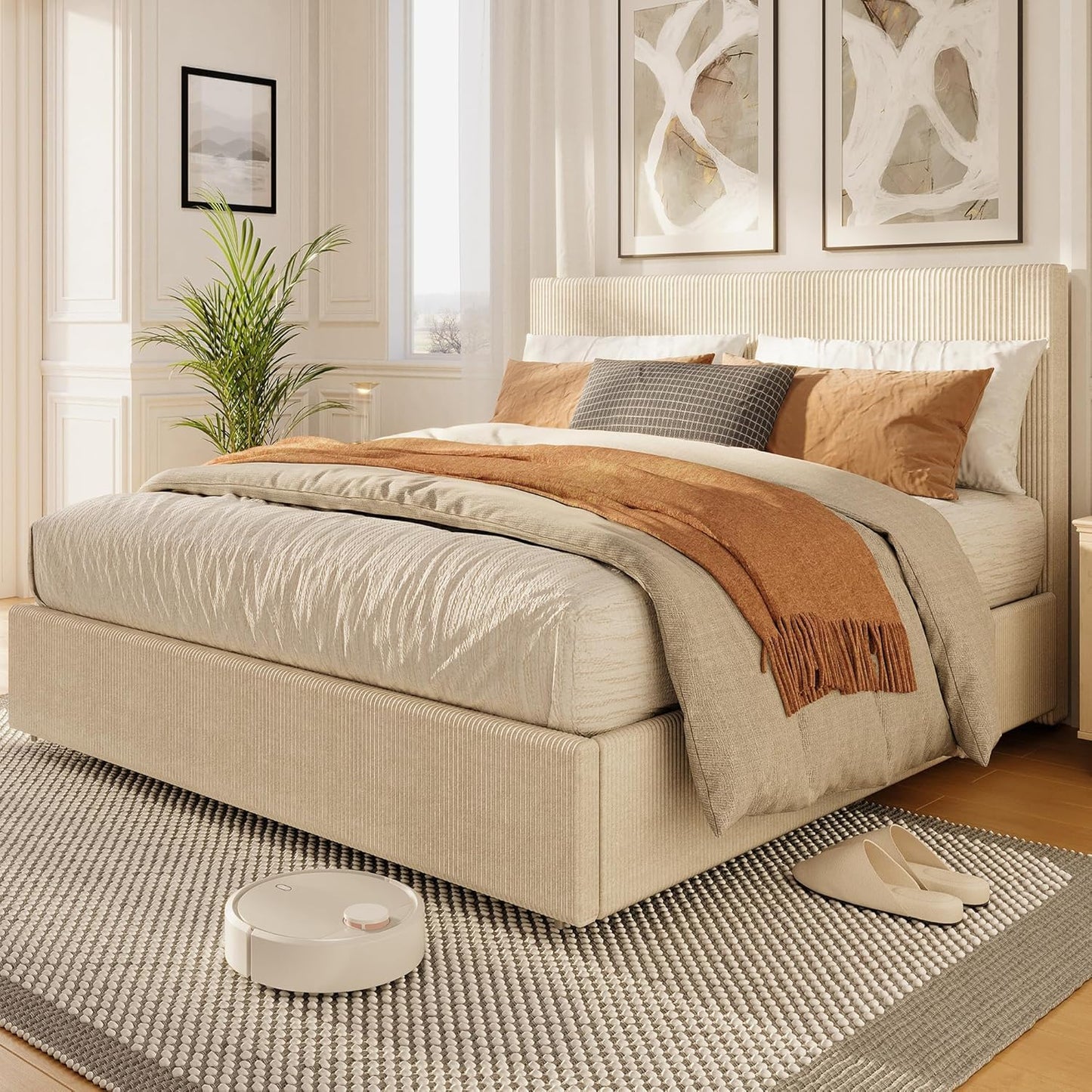 IDEALHOUSE Full Size Bed Frame with Tufted Wingback Headboard, Platform Corduroy Upholstered Bed Frame with 4 Storage Drawers and Wooden Slats Support, No Box Spring Needed, Beige