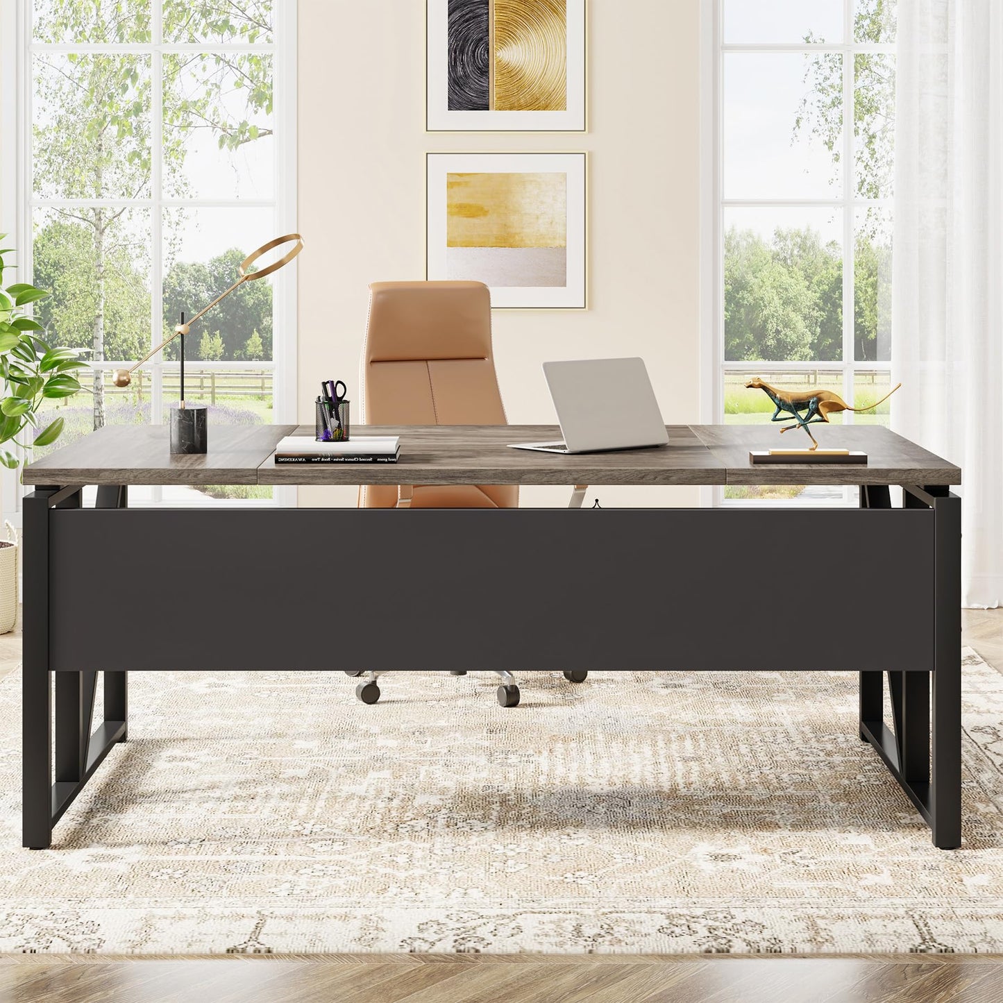 Tribesigns 63" Executive Desk with Reversible File Cabinet, Large L-Shaped Office Desk with Drawers, Business Furniture Workstation for Home Office (Dark Oak, 63-inch)