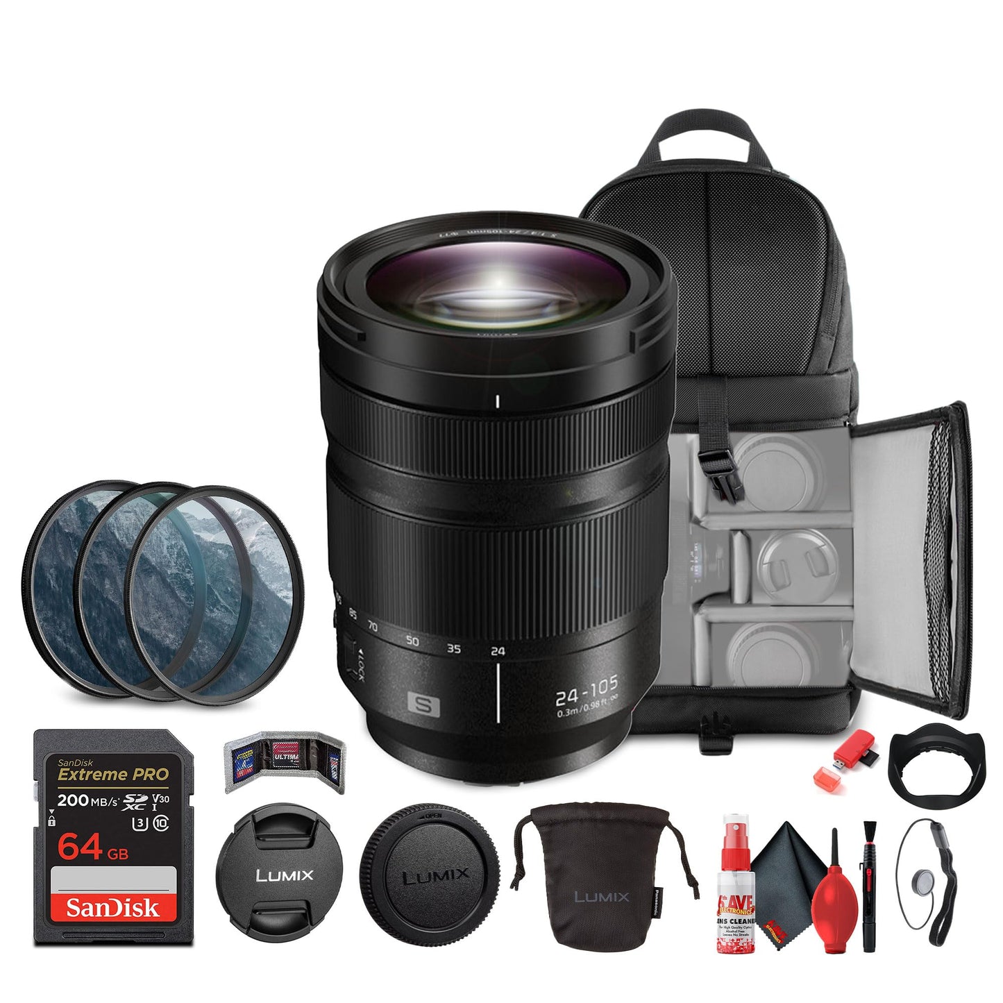 Panasonic Lumix S 24-105mm f/4 Macro O.I.S. Lens (S-R24105) Bundle: 64GB Card, Reader, Backpack, Hood, Caps, Filter Kit, Pouch, Cleaning Kit, Wallet, Keeper