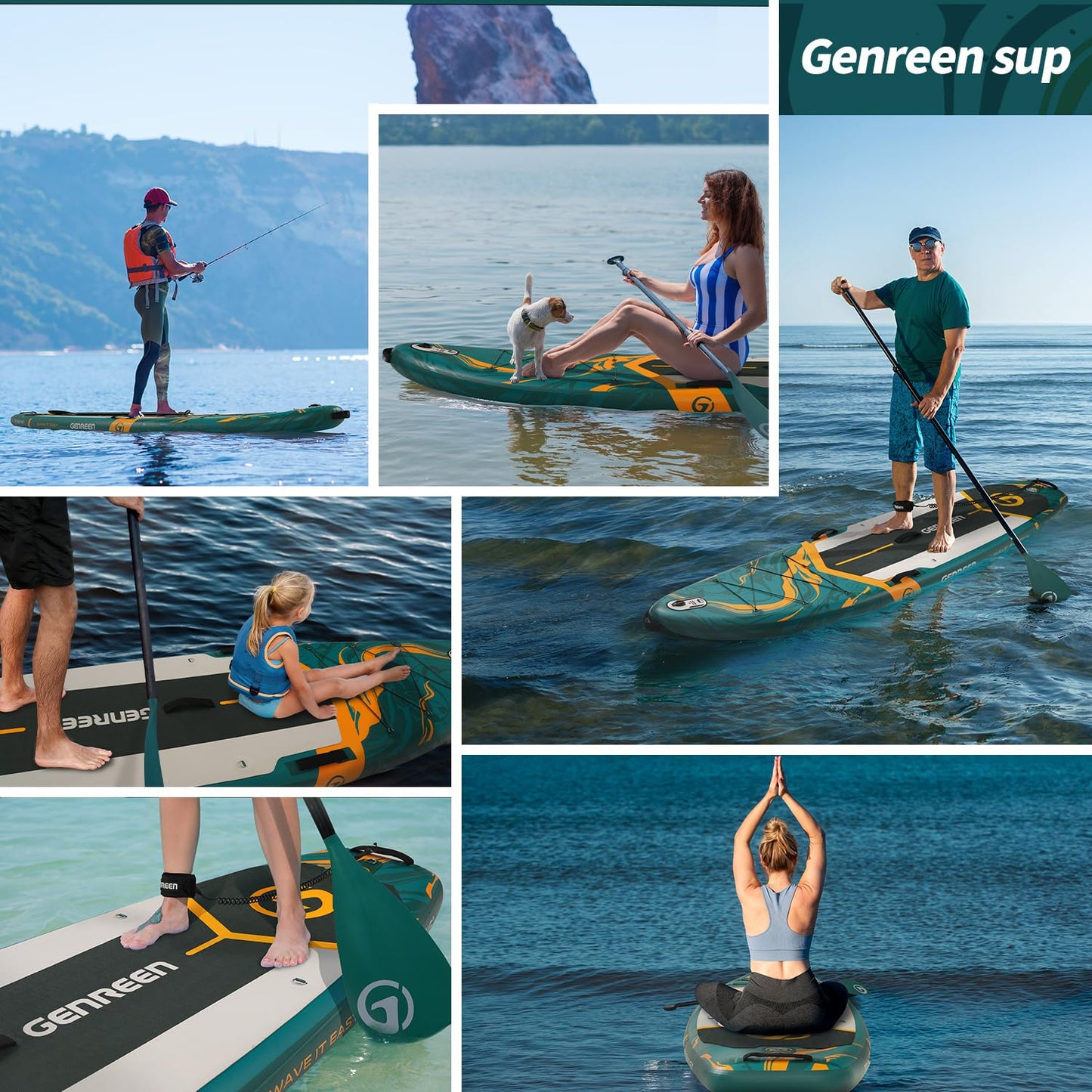 GENREEN Paddle Board sup Stand up Paddle Board Newly Improved 2 Side Layers 450LBS Quality Inspection×5 11'×34''×6'' for JP customers paddleboards Fishing Family Pet Friendly (Forest Green)