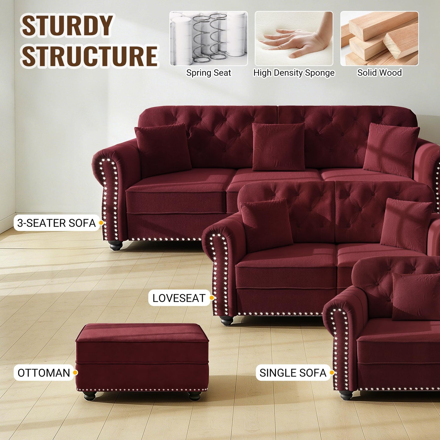 KEIKI 3-Piece Chesterfield Sofa Set with 1 Velvet 3-Seater Sofa & 1 Loveseat & 1 Single Sofa, 6-Seater Couch Set with Nailhead Trim & Rolled Arms & 1 Ottoman & 6 Pillow, for Living Room, Burgundy