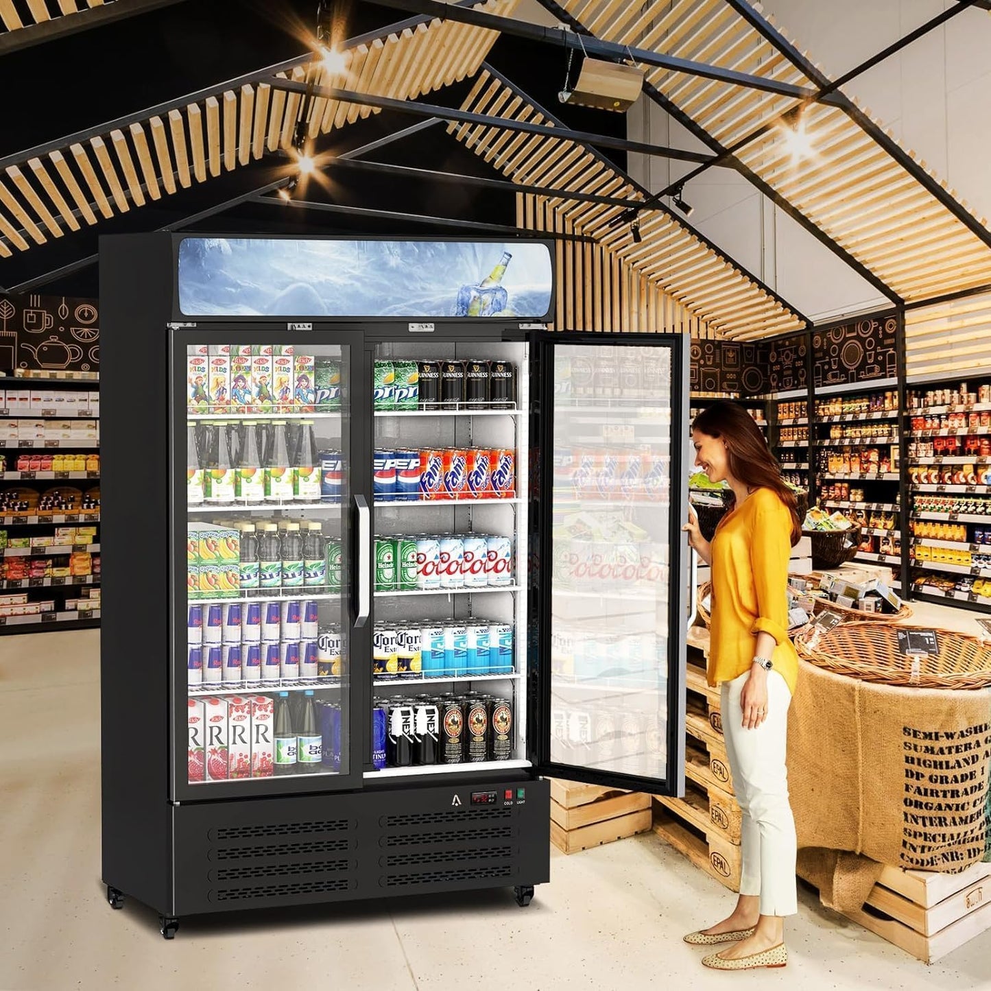 Commercial Refrigerator, 25.3 Cu Ft Commercial Merchandiser Refrigerator, Upright Beverage Display Cooler with 2 Glass Door and LED Light, Large Business Cooler for Home Restaurant Grocery Stores