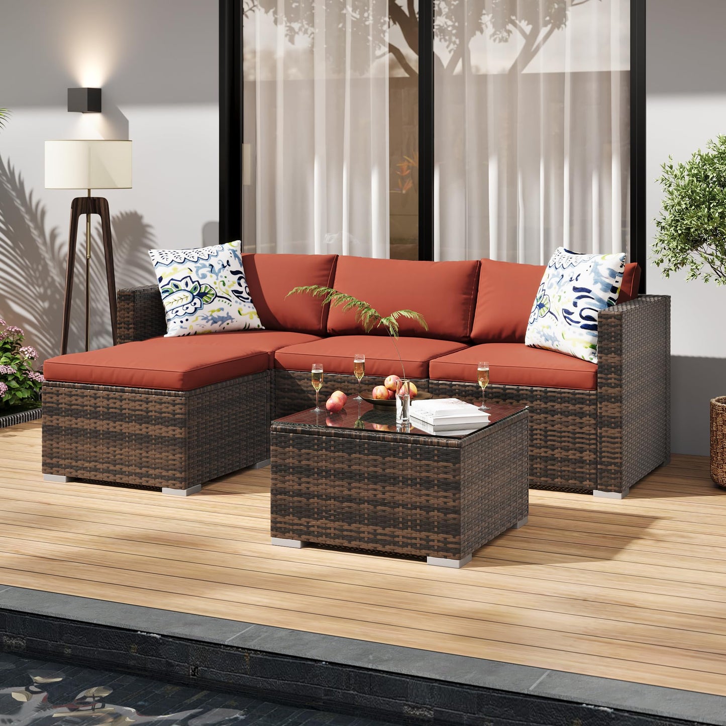 GarveeLife 5 Pieces Patio Furniture Set, Outdoor Sectional Sofa, All-Weather Wicker Conversation Set with Ottoman & Glass Coffee Table, Rattan Couch Seating for Garden, Backyard, Poolside, Wine Red